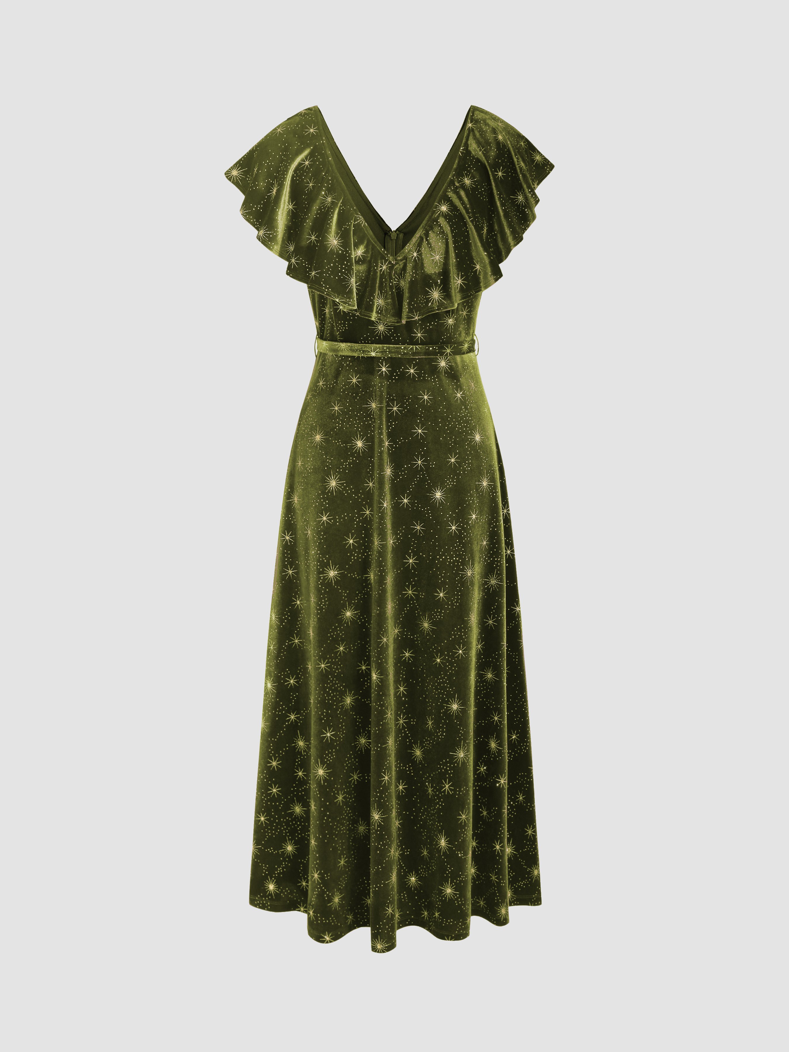 Velvet V-neck Star Ruffle Tie Back Midi Dress — Green