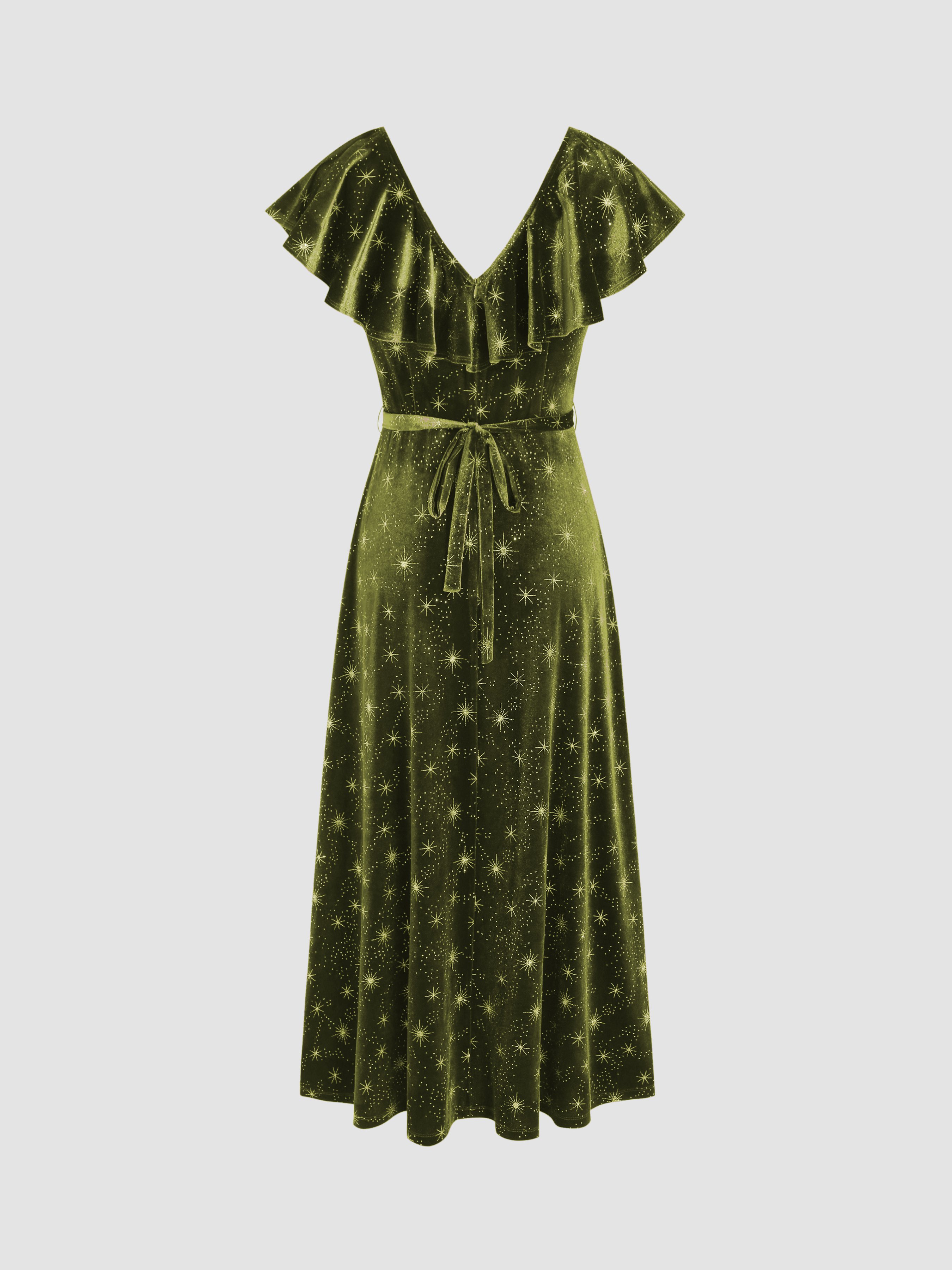 Velvet V-neck Star Ruffle Tie Back Midi Dress — Green