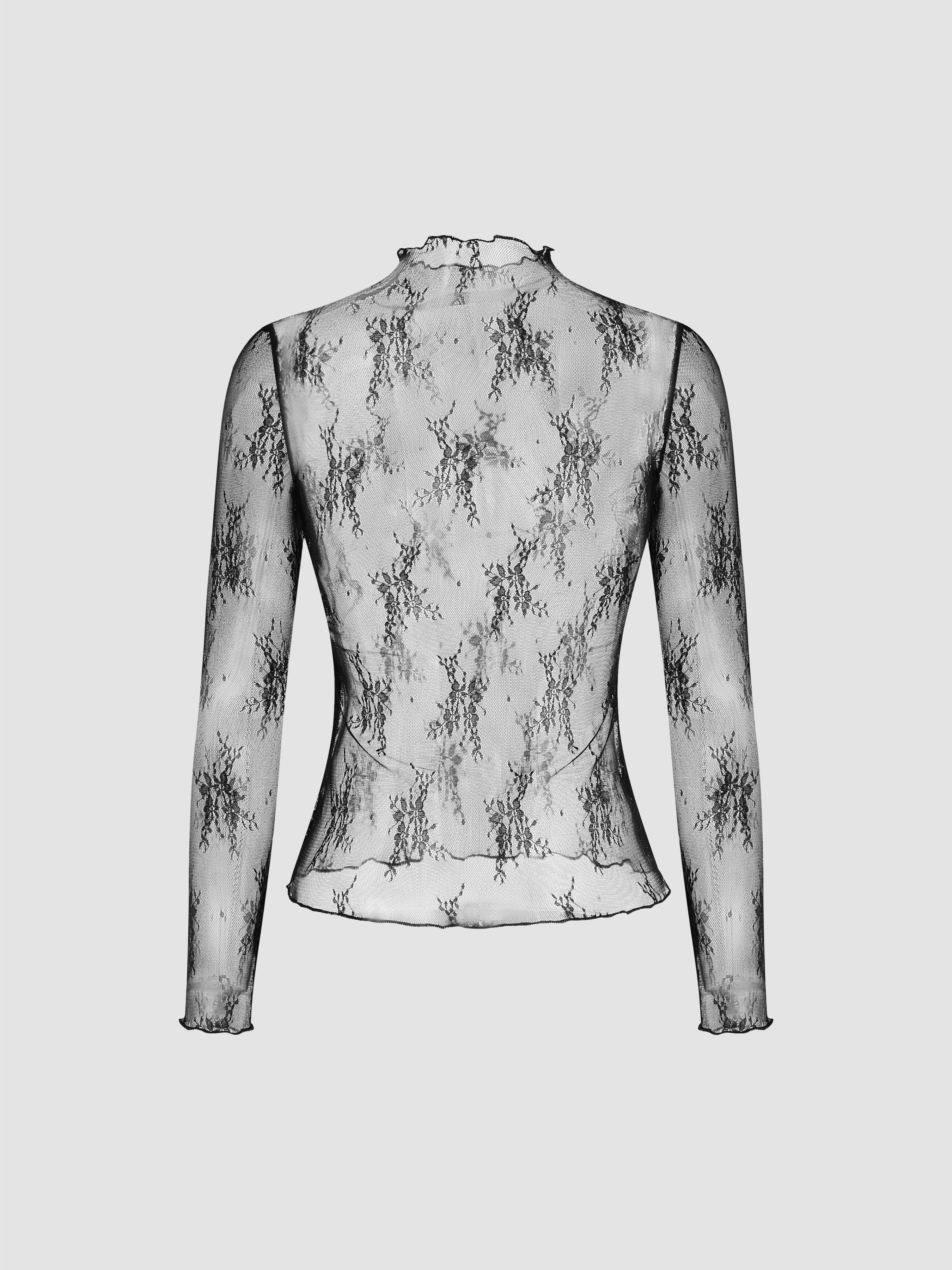 Lace High Neck Lace Long Sleeve Top — Black