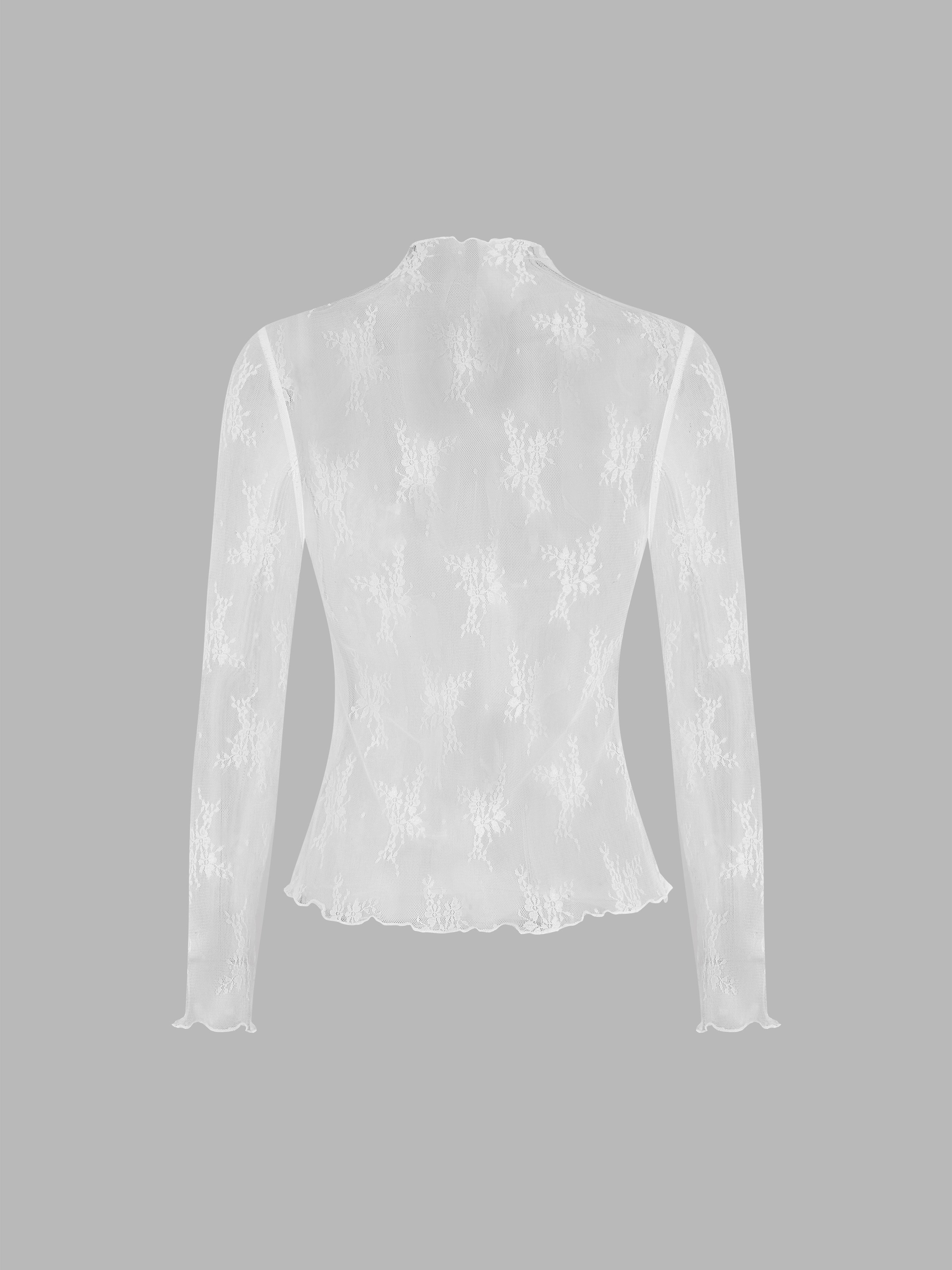 Lace High Neck Lace Long Sleeve Top — White