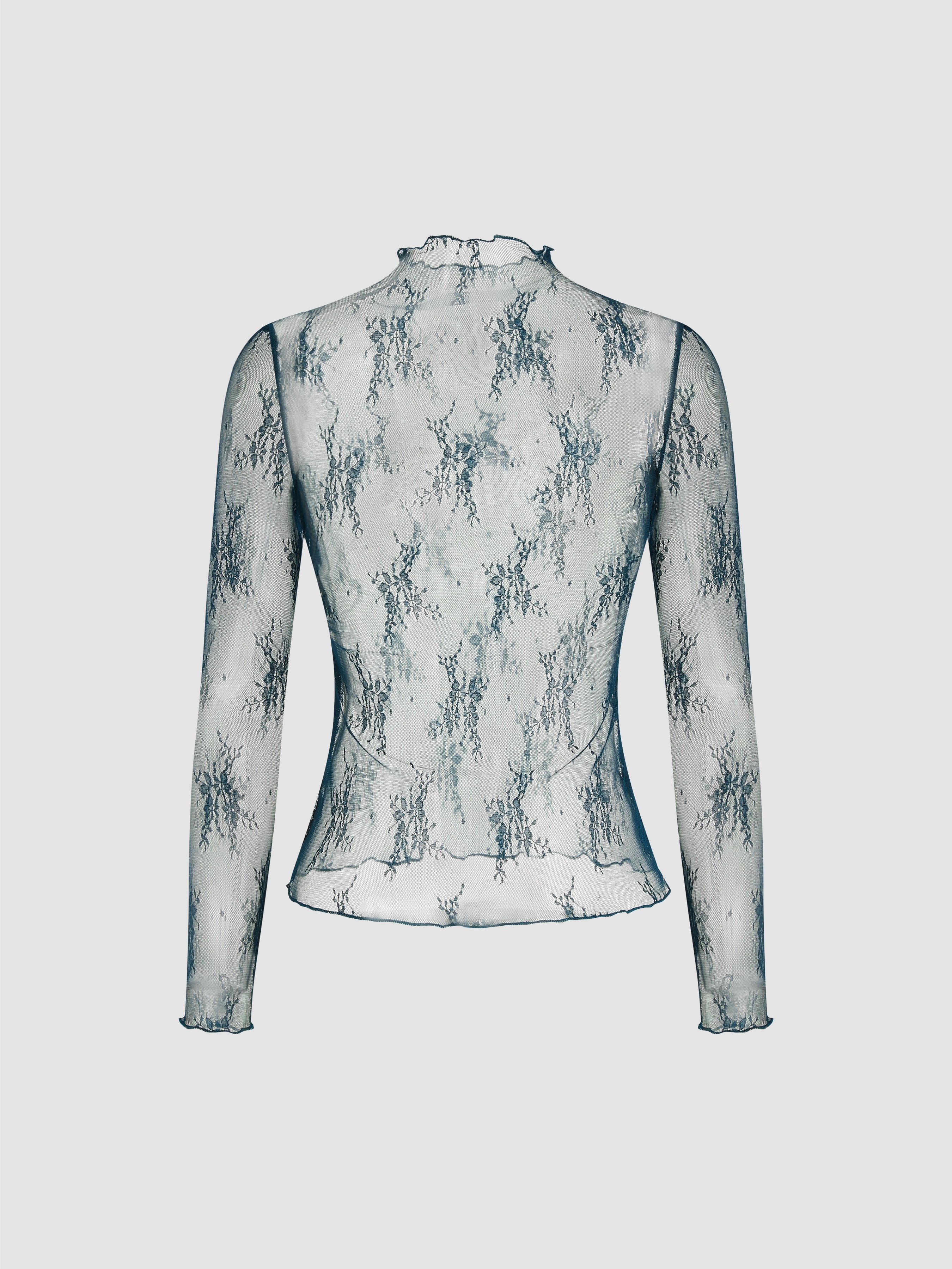 Lace High Neck Lace Long Sleeve Top — Green