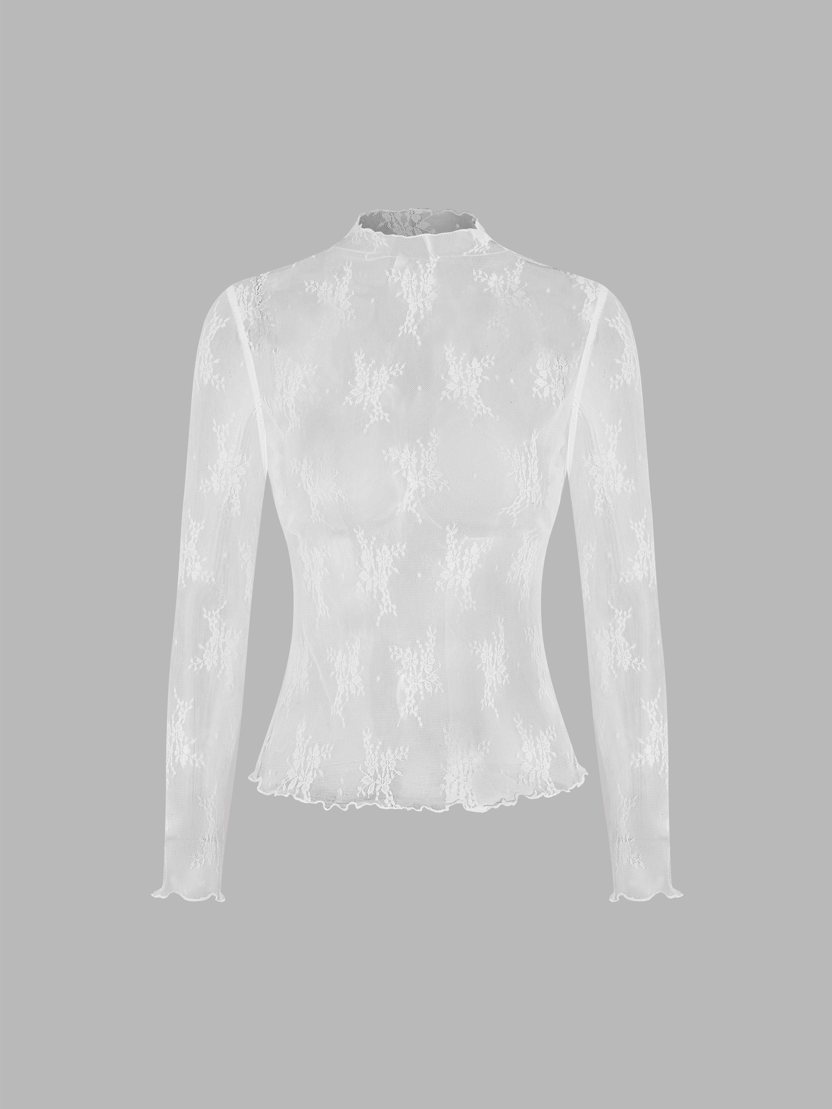 Lace High Neck Lace Long Sleeve Top — White