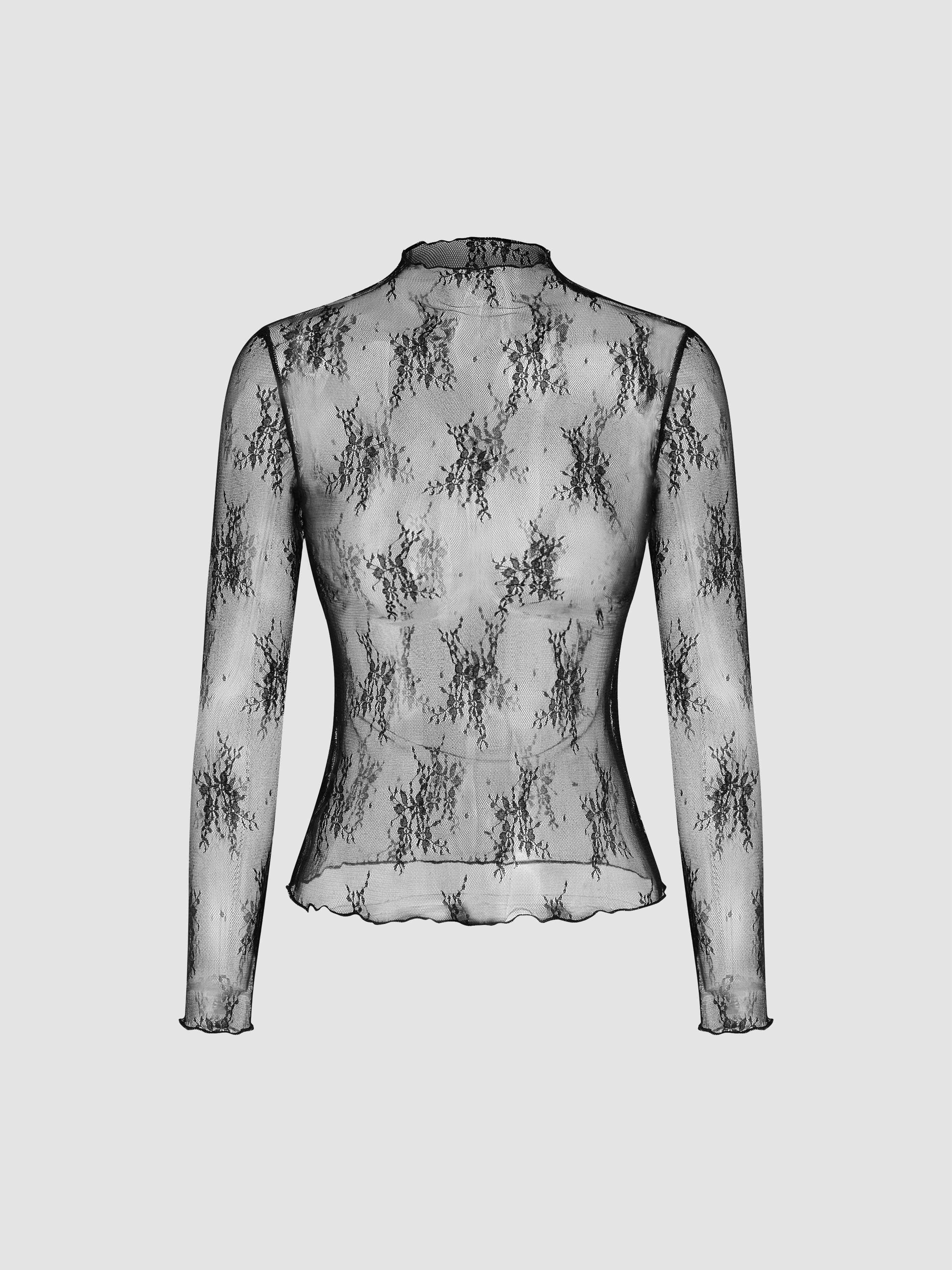 Lace High Neck Lace Long Sleeve Top — Black
