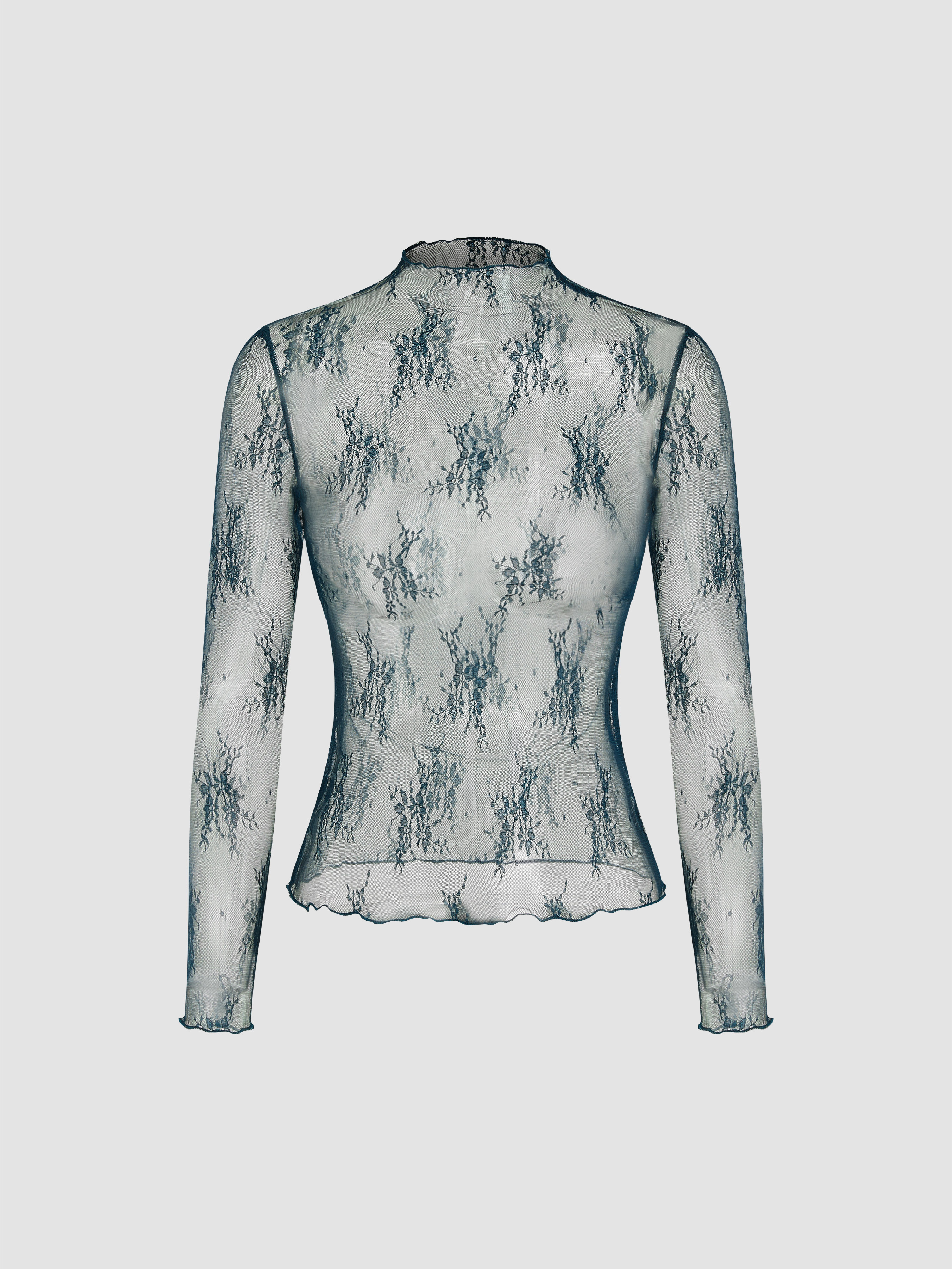 Lace High Neck Lace Long Sleeve Top — Green