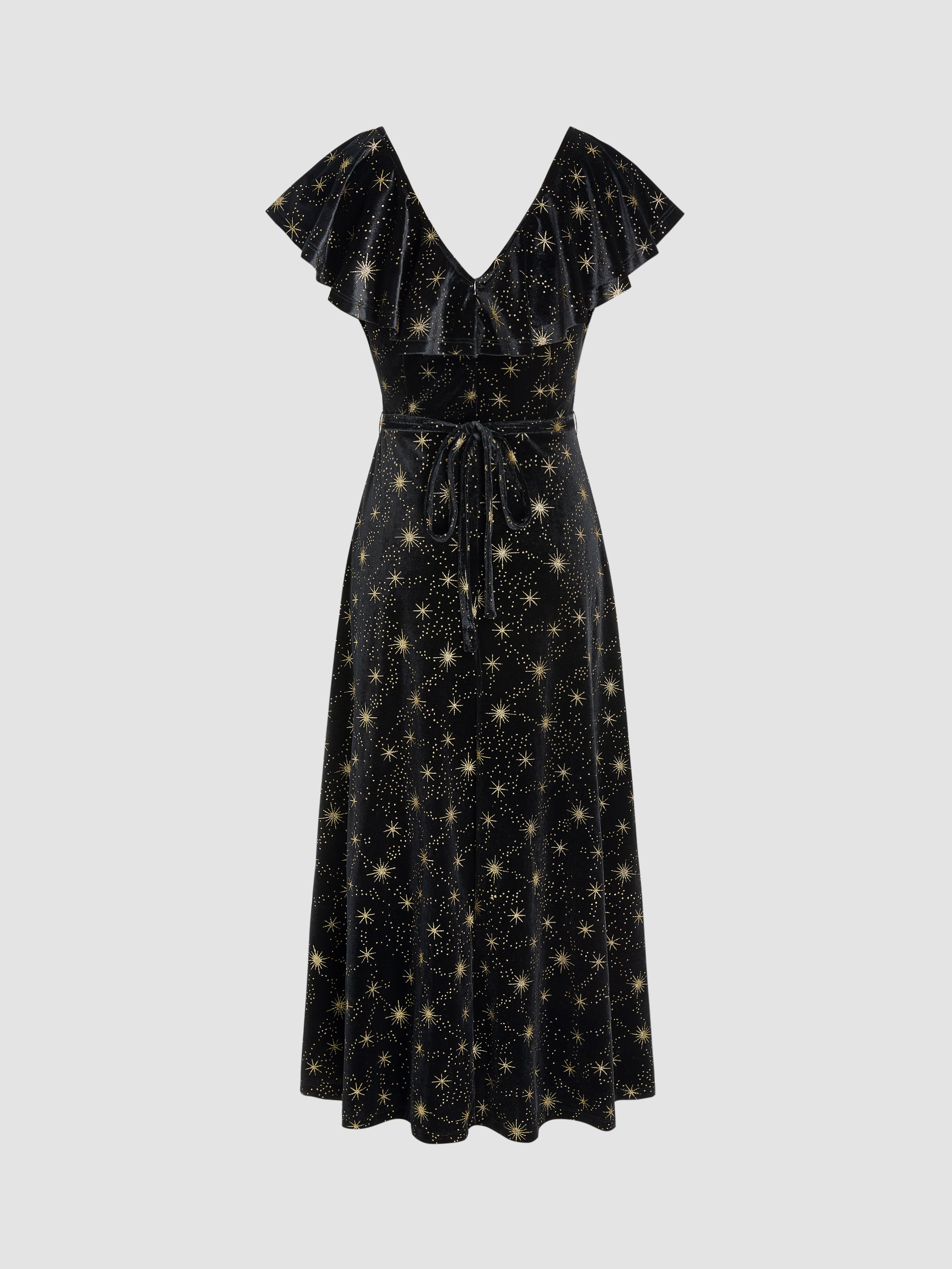 Velvet V-neck Star Ruffle Tie Back Midi Dress — Carbon