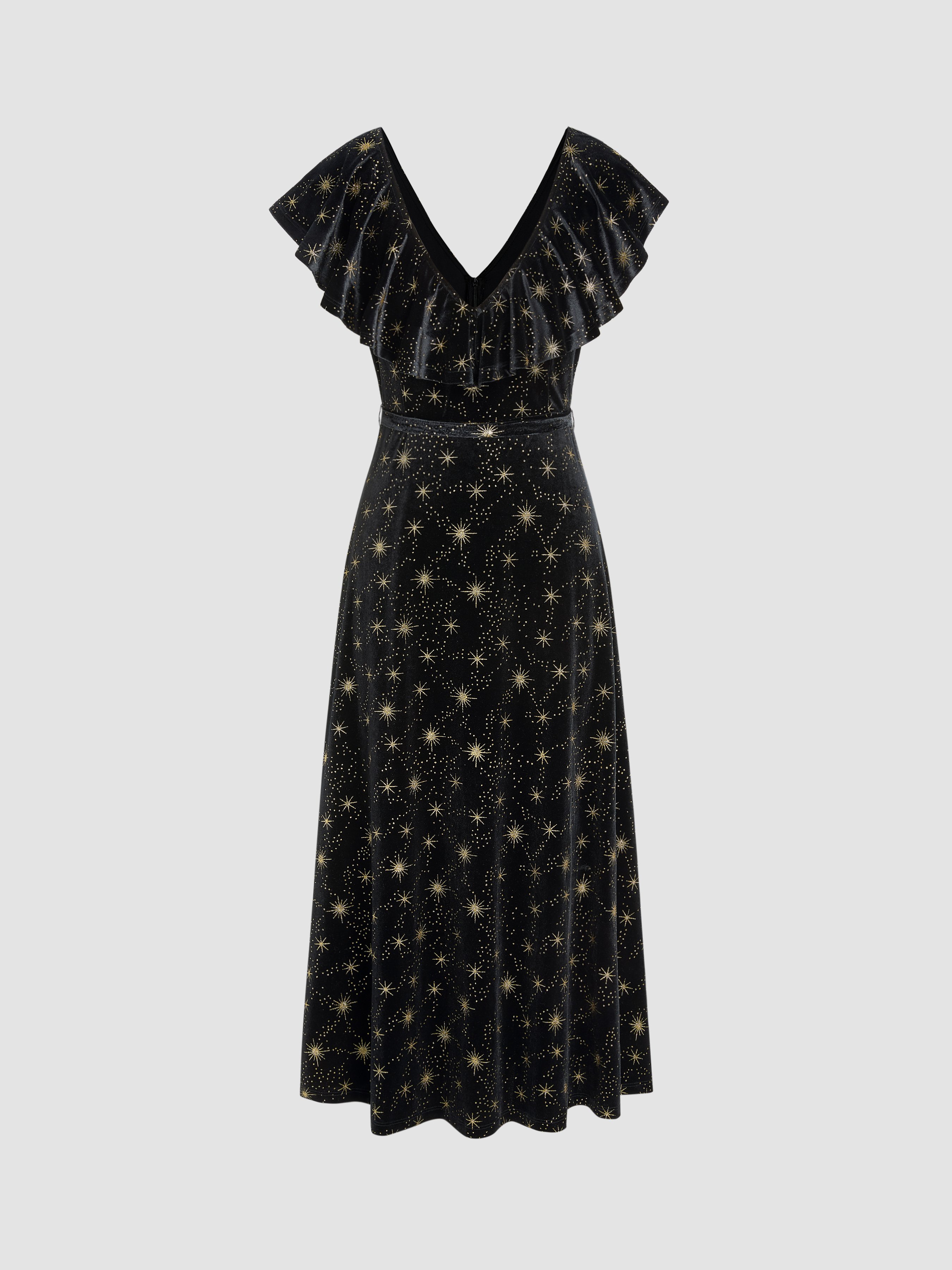 Velvet V-neck Star Ruffle Tie Back Midi Dress — Carbon