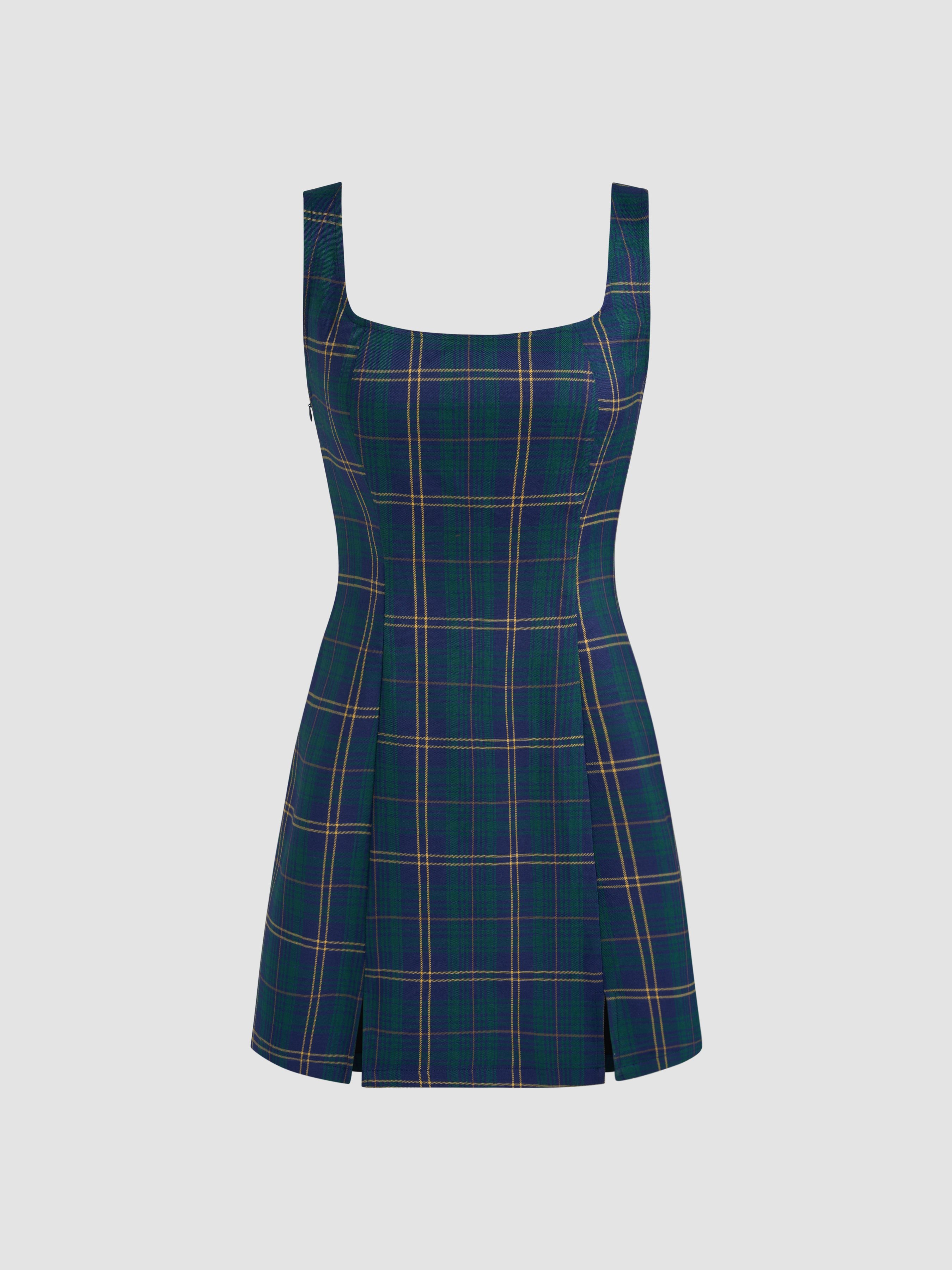 Scoop Neckline Checks Zipper Mini Dress — Green