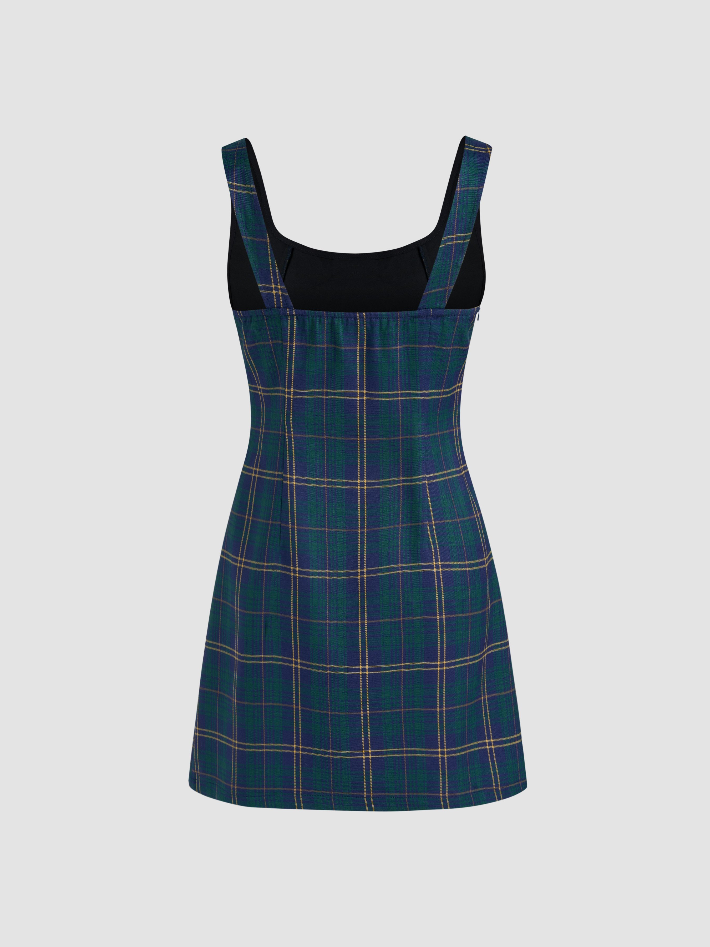 Scoop Neckline Checks Zipper Mini Dress — Green