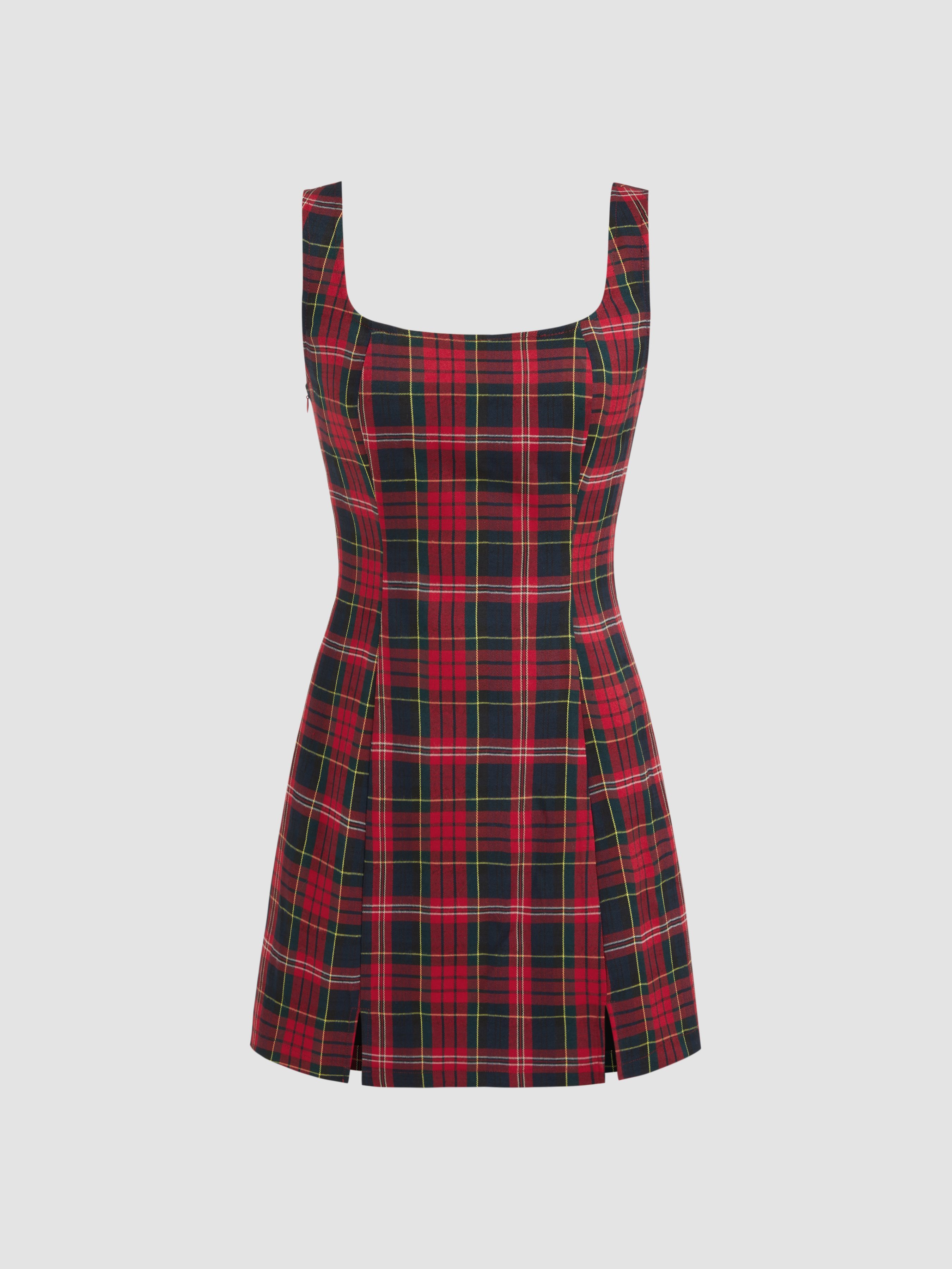 Scoop Neckline Checks Zipper Mini Dress — Red