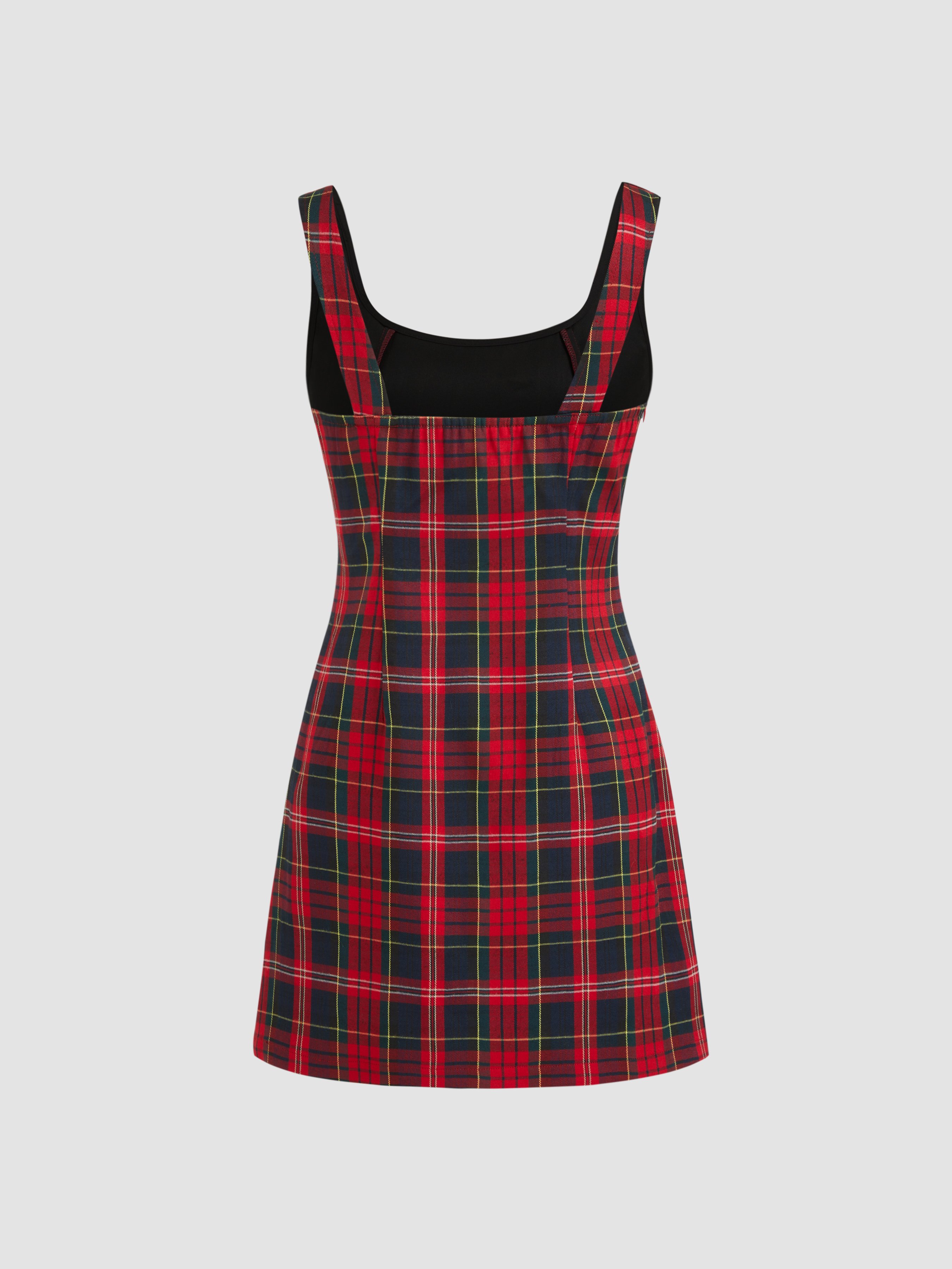 Scoop Neckline Checks Zipper Mini Dress — Red