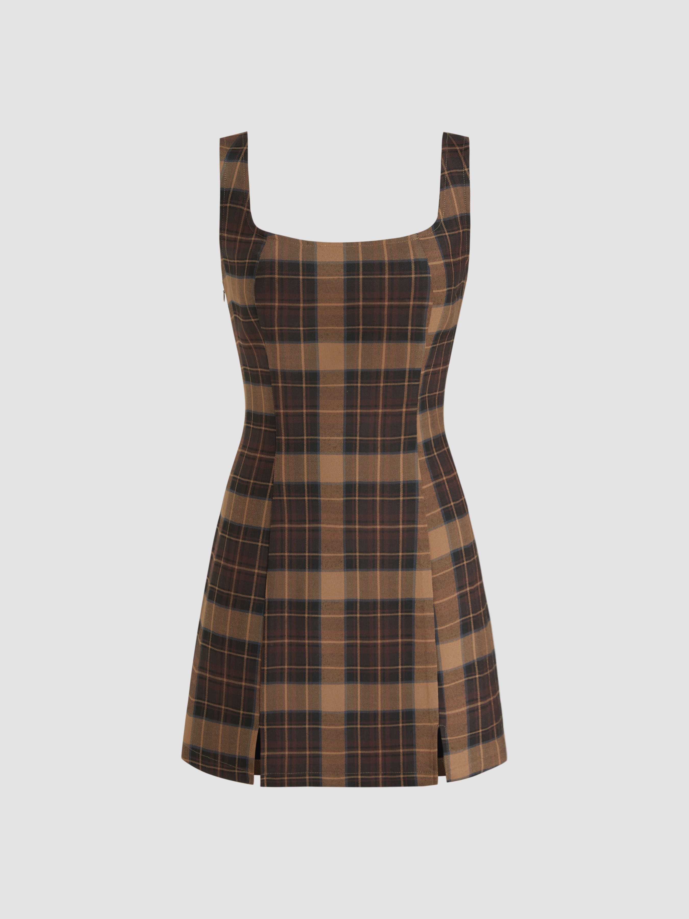 Scoop Neckline Checks Zipper Mini Dress — Brown