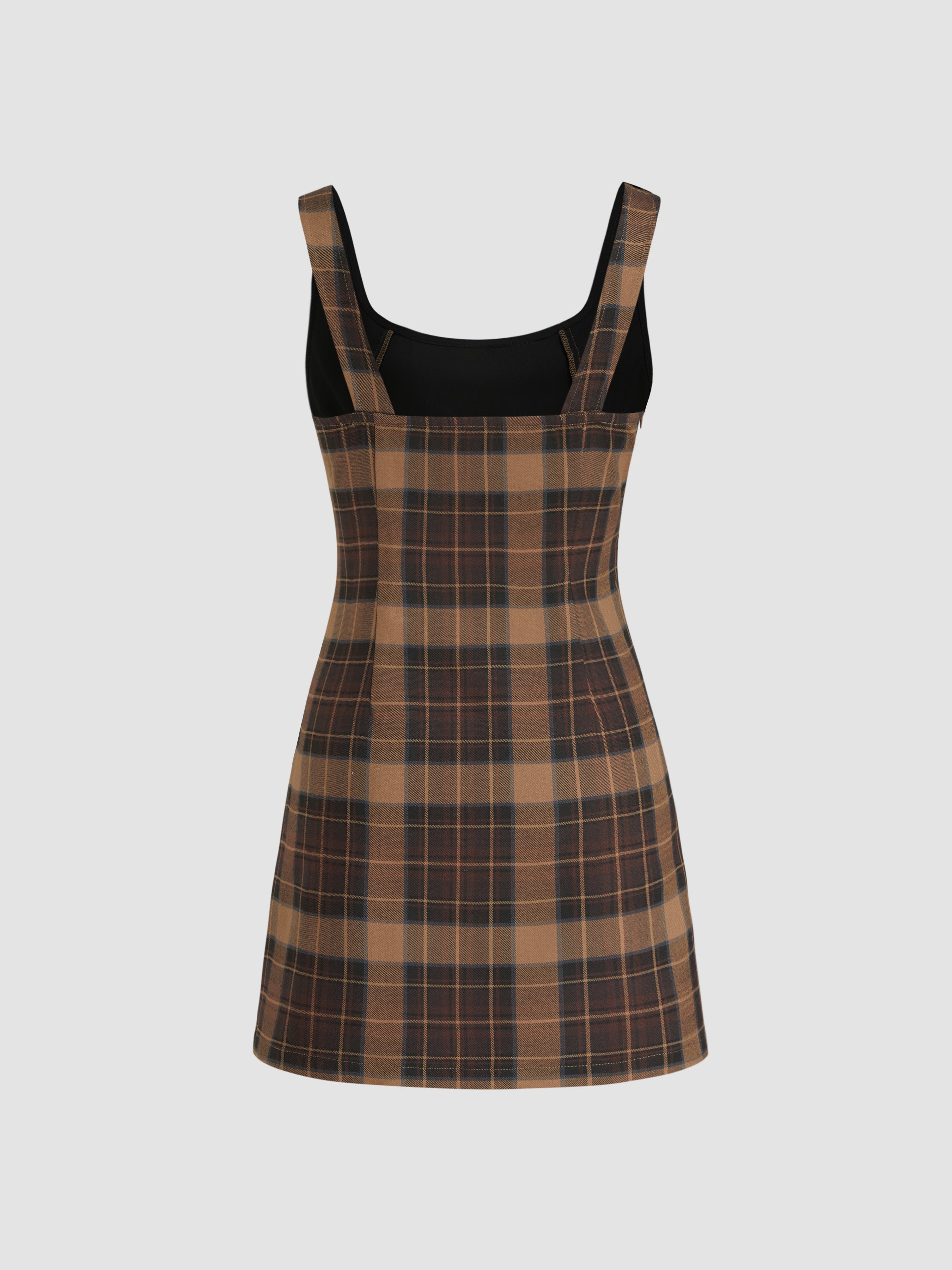 Scoop Neckline Checks Zipper Mini Dress — Brown