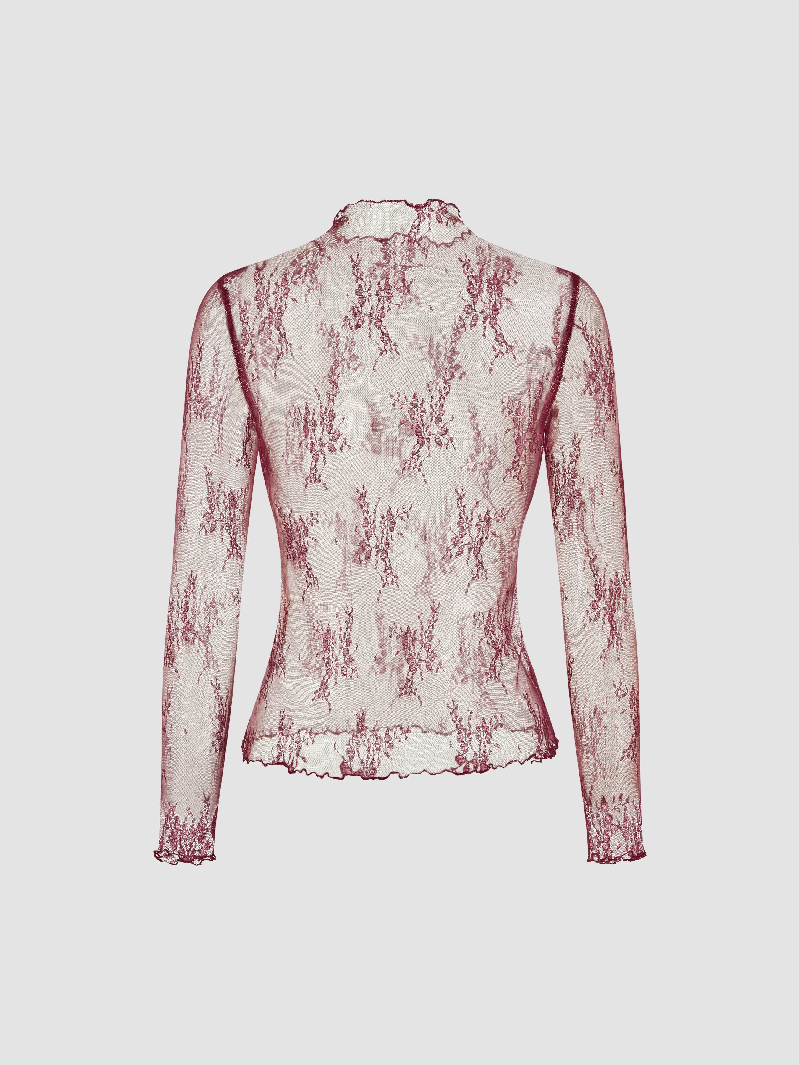 Lace High Neck Lace Long Sleeve Top — Burgundy