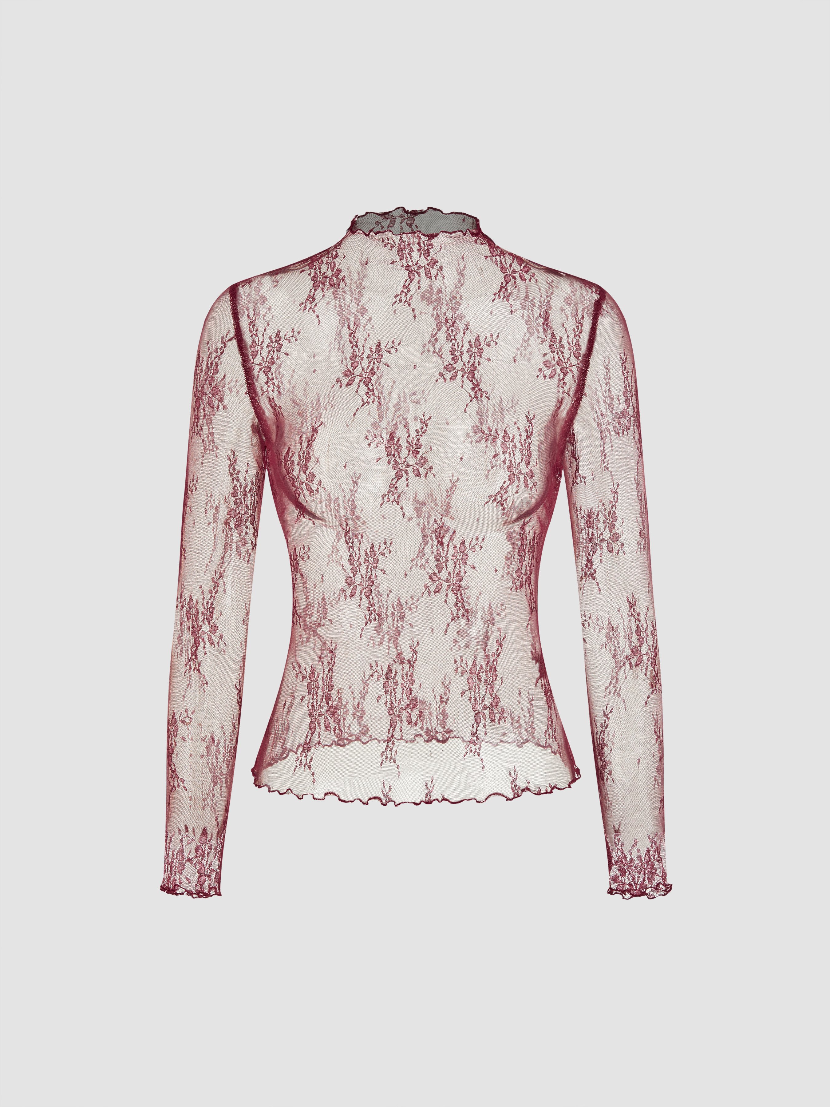 Lace High Neck Lace Long Sleeve Top — Burgundy