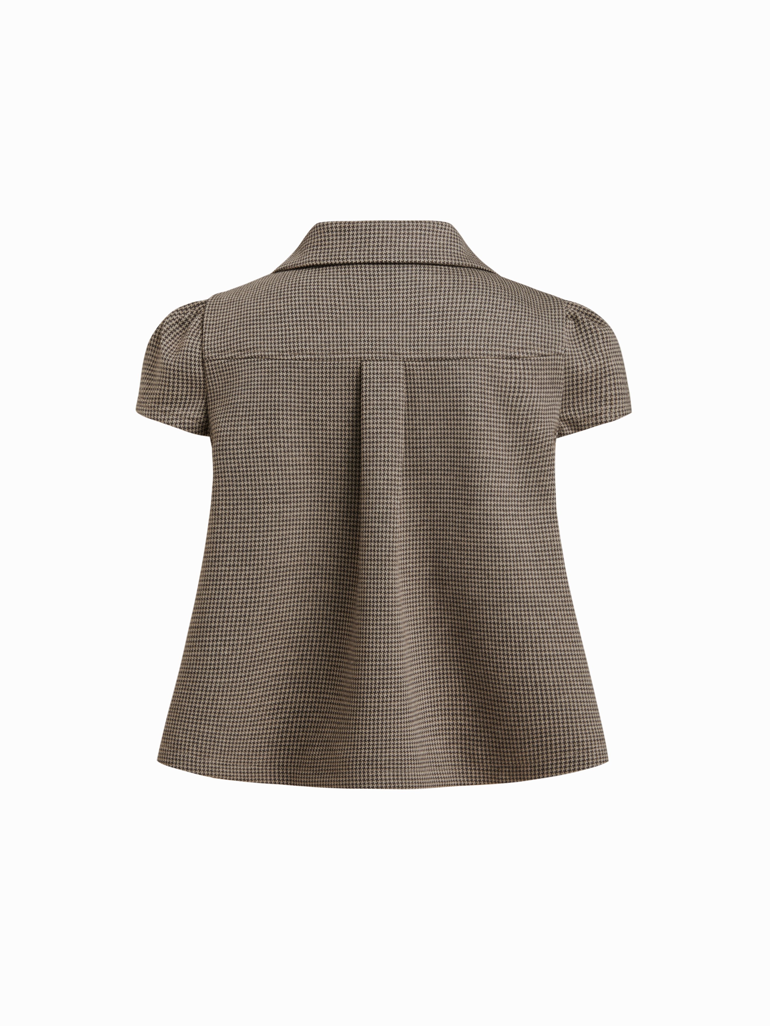 Peter Pan Collar Houndstooth & Polka Dot Button Short Sleeve Blouse — Brown