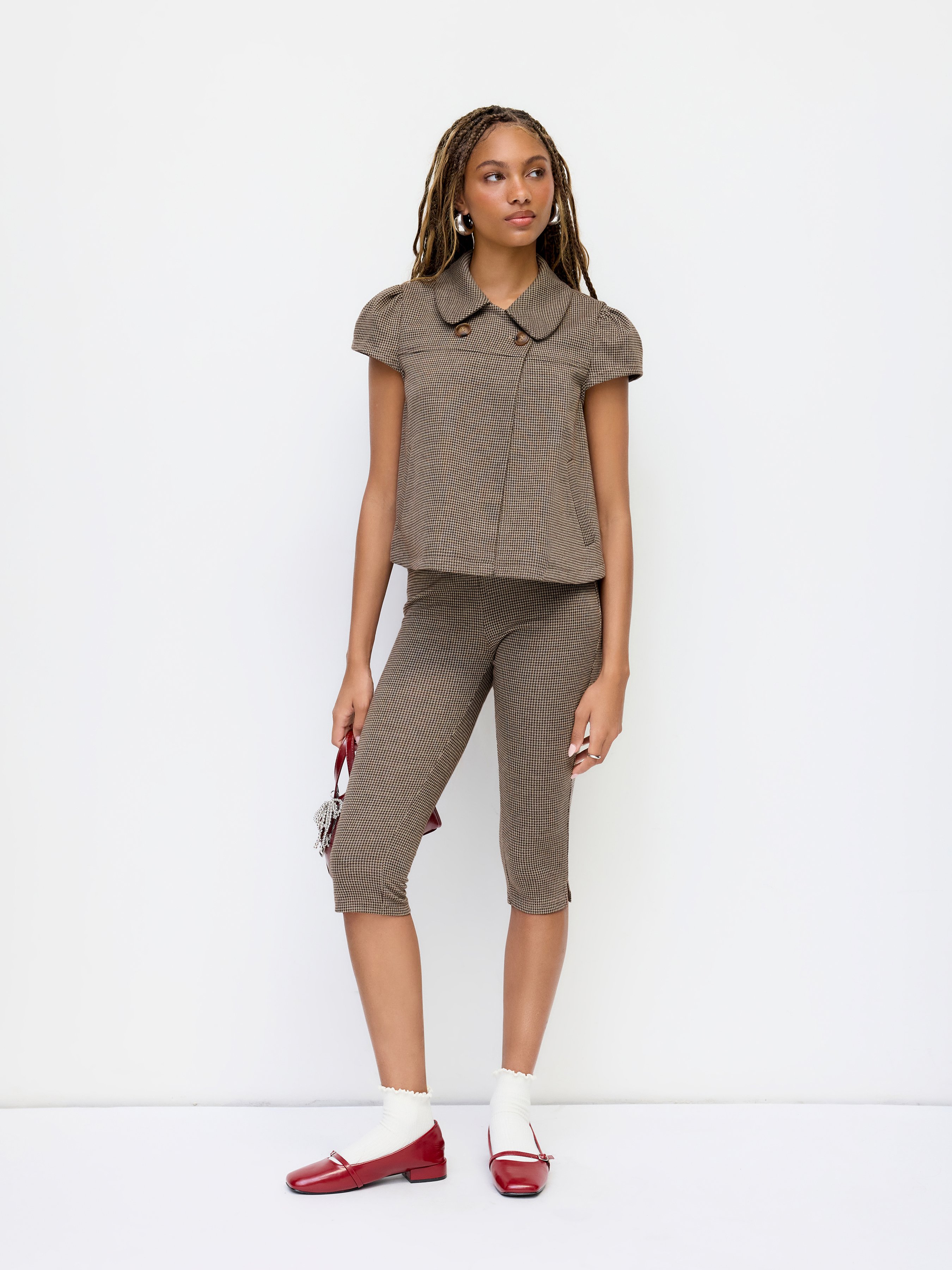 Peter Pan Collar Houndstooth & Polka Dot Button Short Sleeve Blouse — Brown