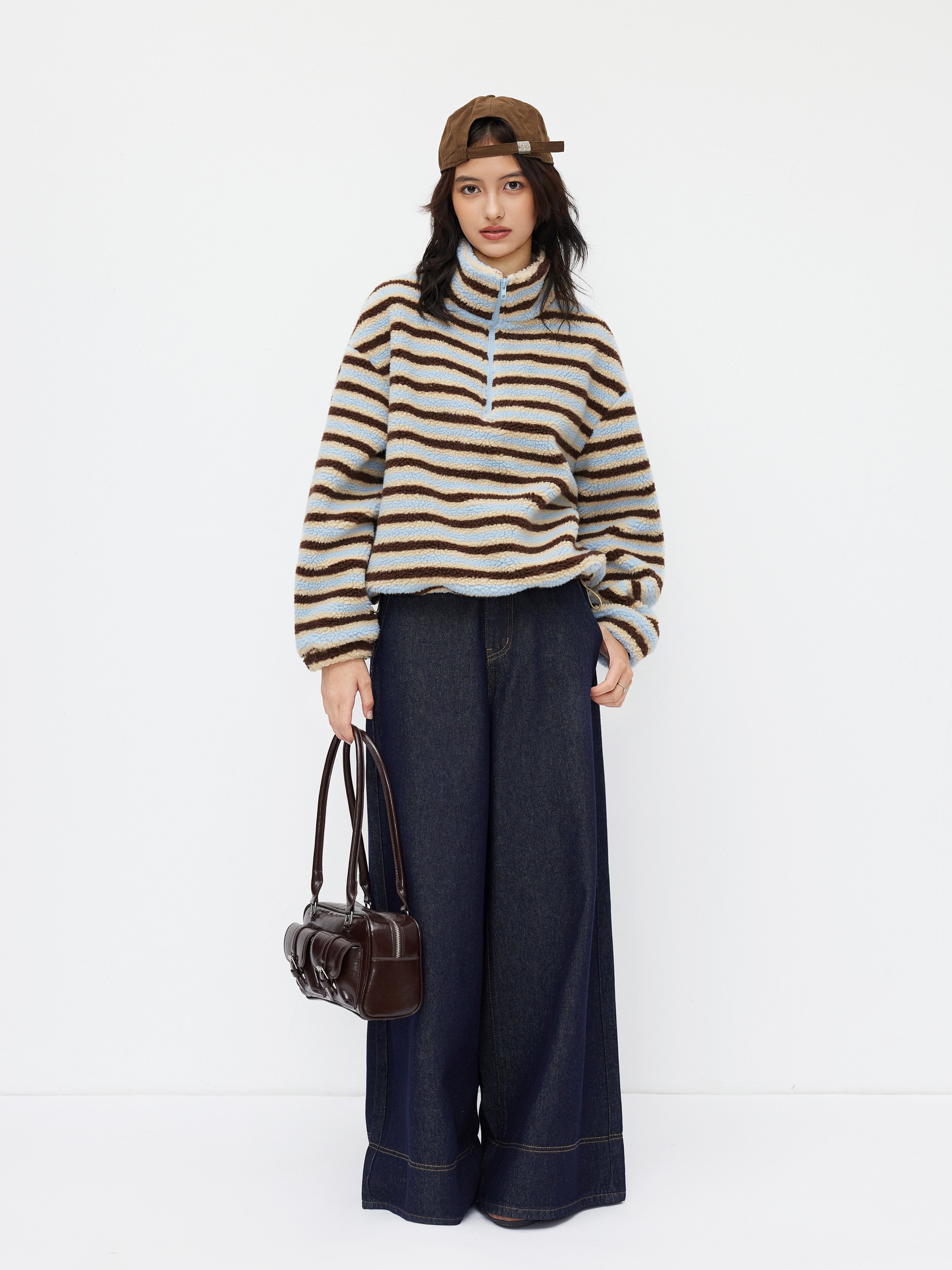 Fleece Stripe Stand Collar Drawstring Half Zip Oversized Sweatshirt — Sky Blue
