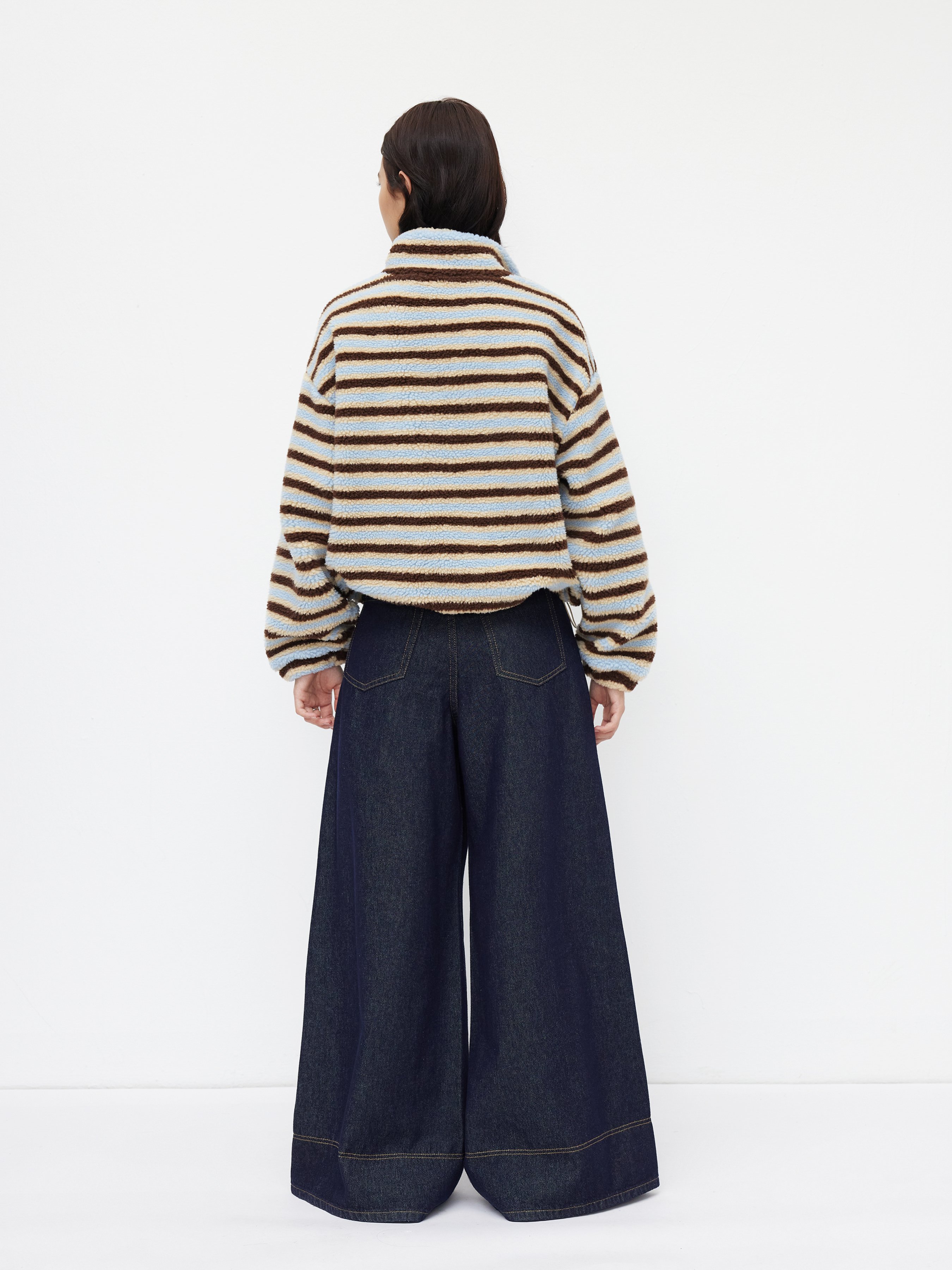 Fleece Stripe Stand Collar Drawstring Half Zip Oversized Sweatshirt — Sky Blue