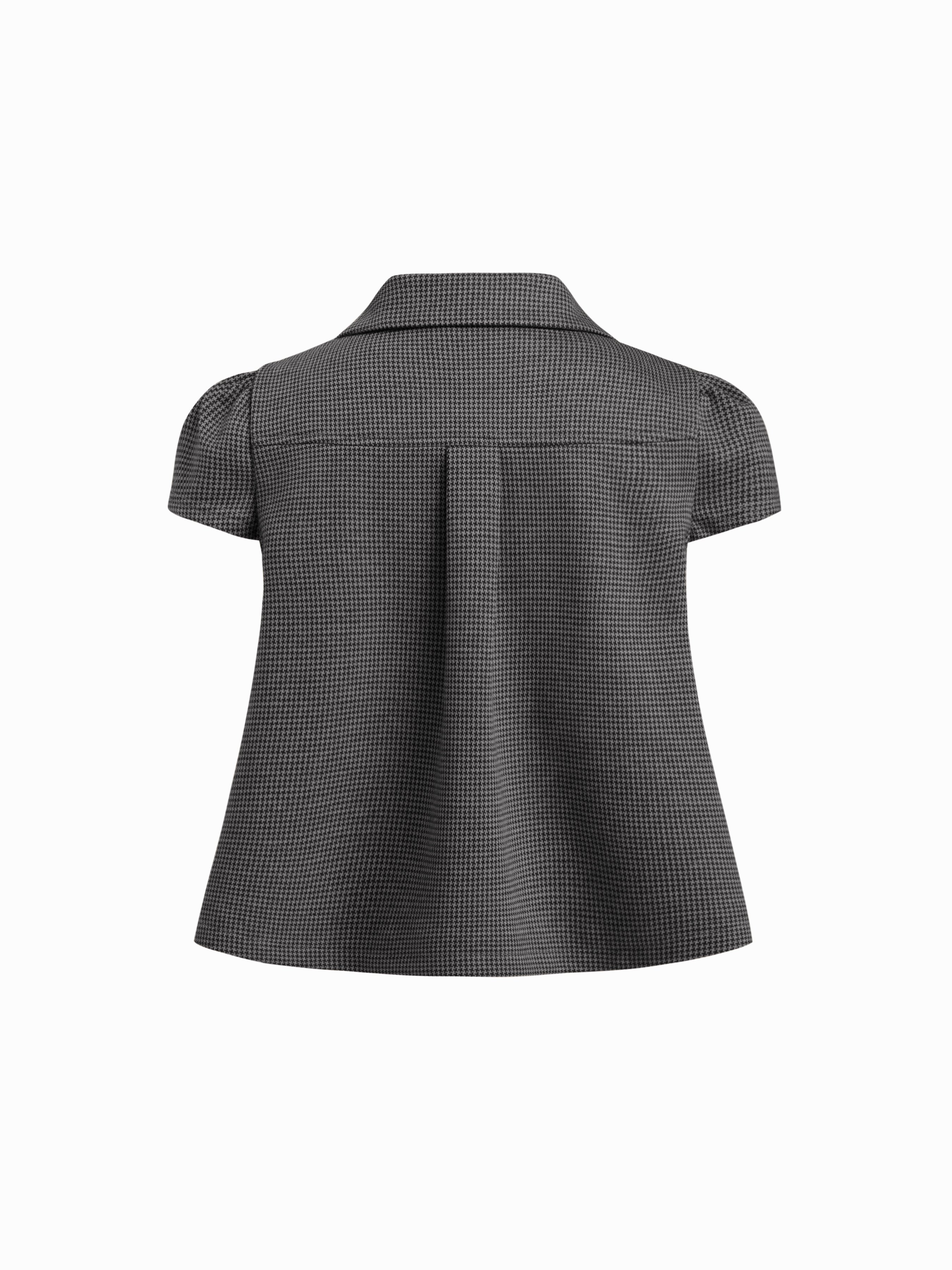 Peter Pan Collar Houndstooth & Polka Dot Button Short Sleeve Blouse — Dark Grey