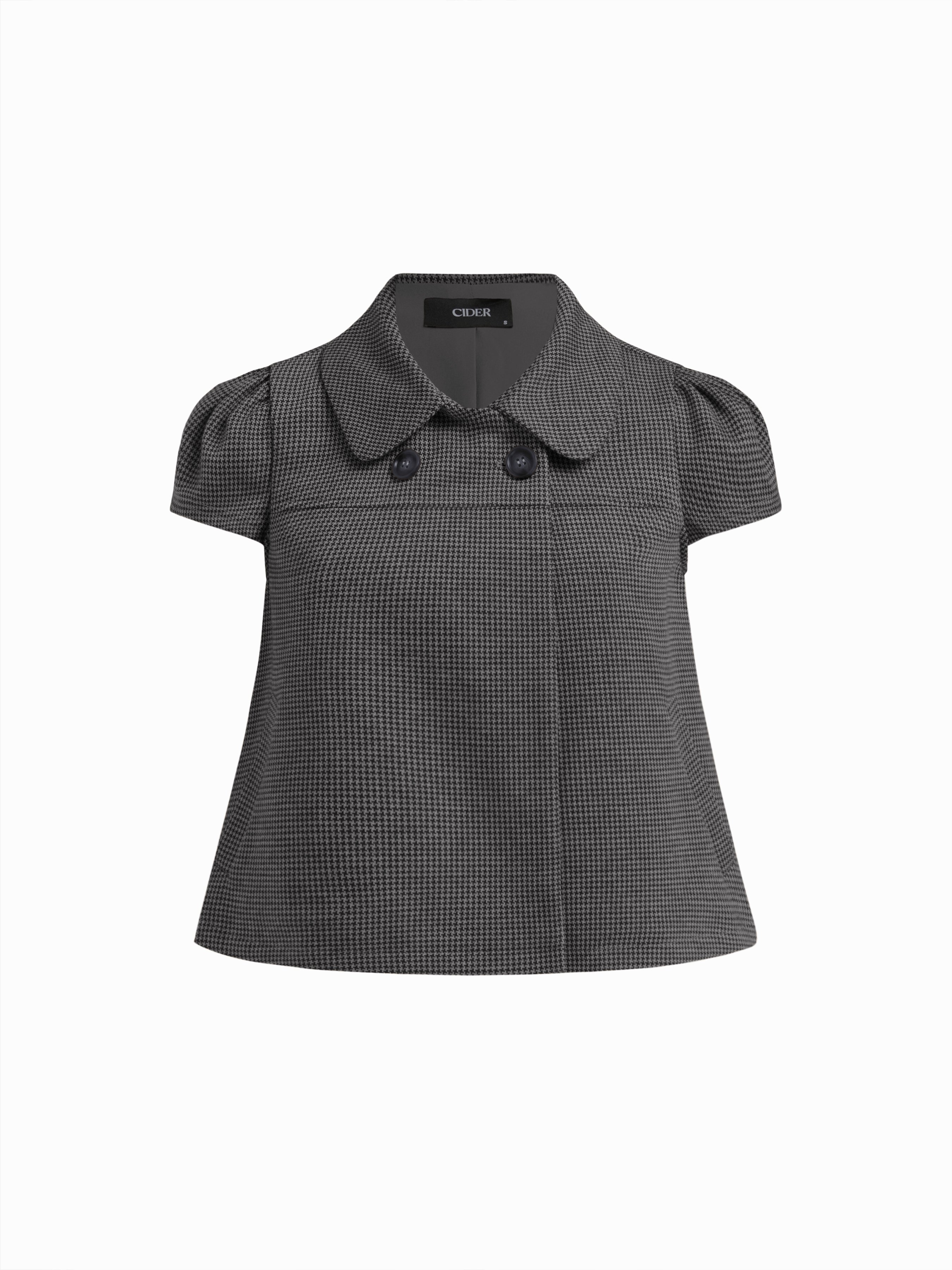 Peter Pan Collar Houndstooth & Polka Dot Button Short Sleeve Blouse — Dark Grey