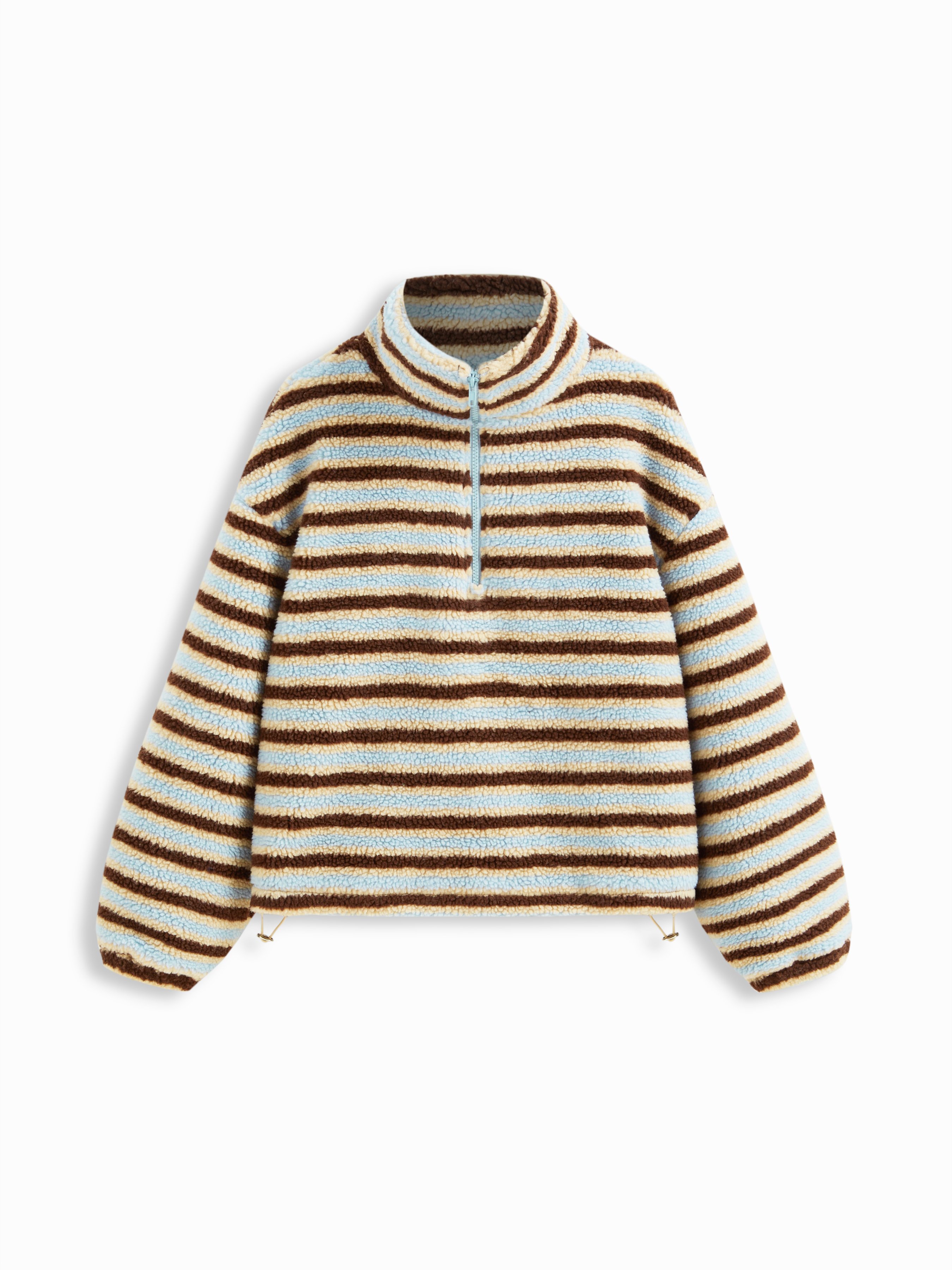 Fleece Stripe Stand Collar Drawstring Half Zip Oversized Sweatshirt — Sky Blue