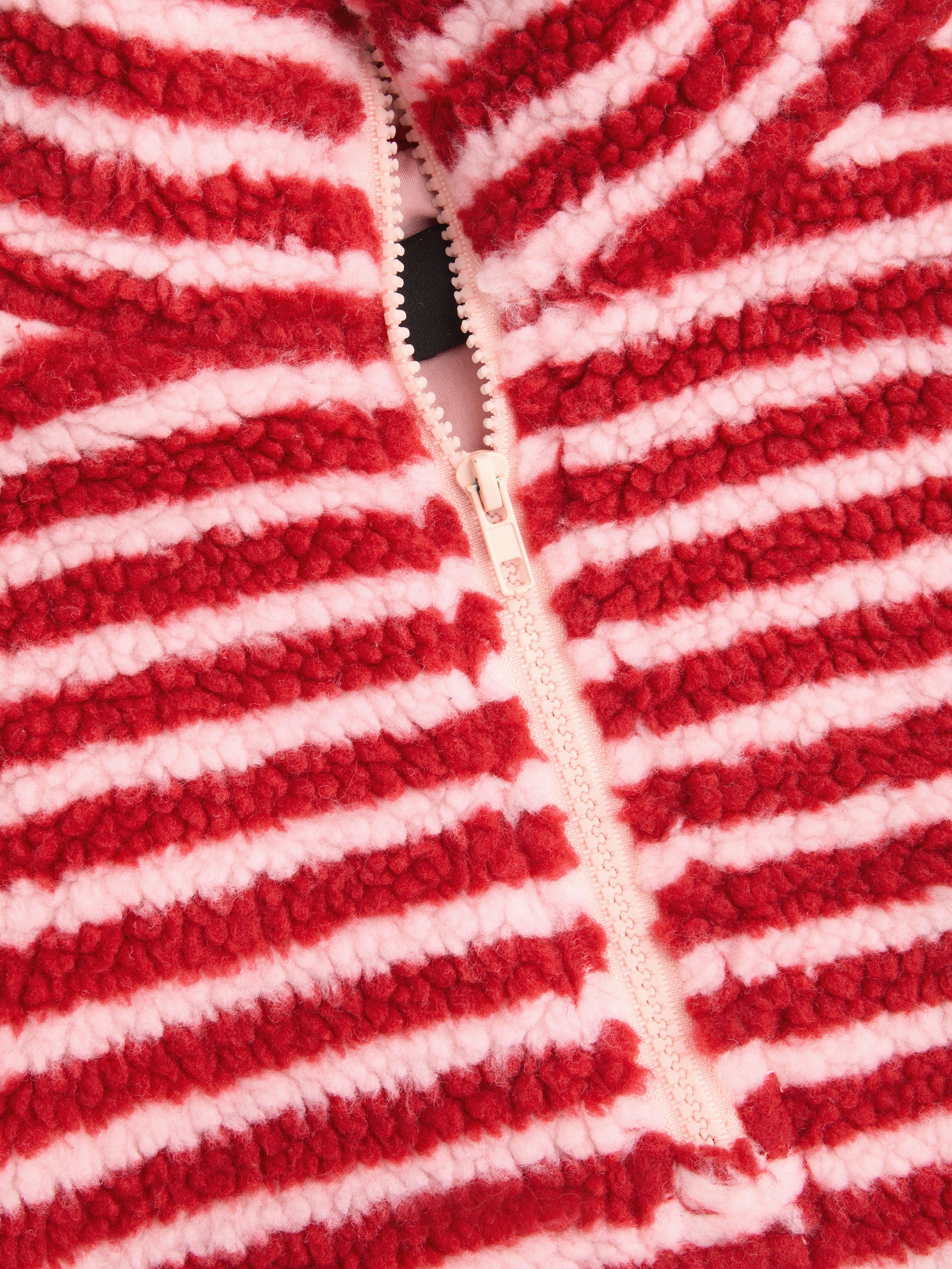 Fleece Stripe Stand Collar Drawstring Half Zip Oversized Sweatshirt — Red