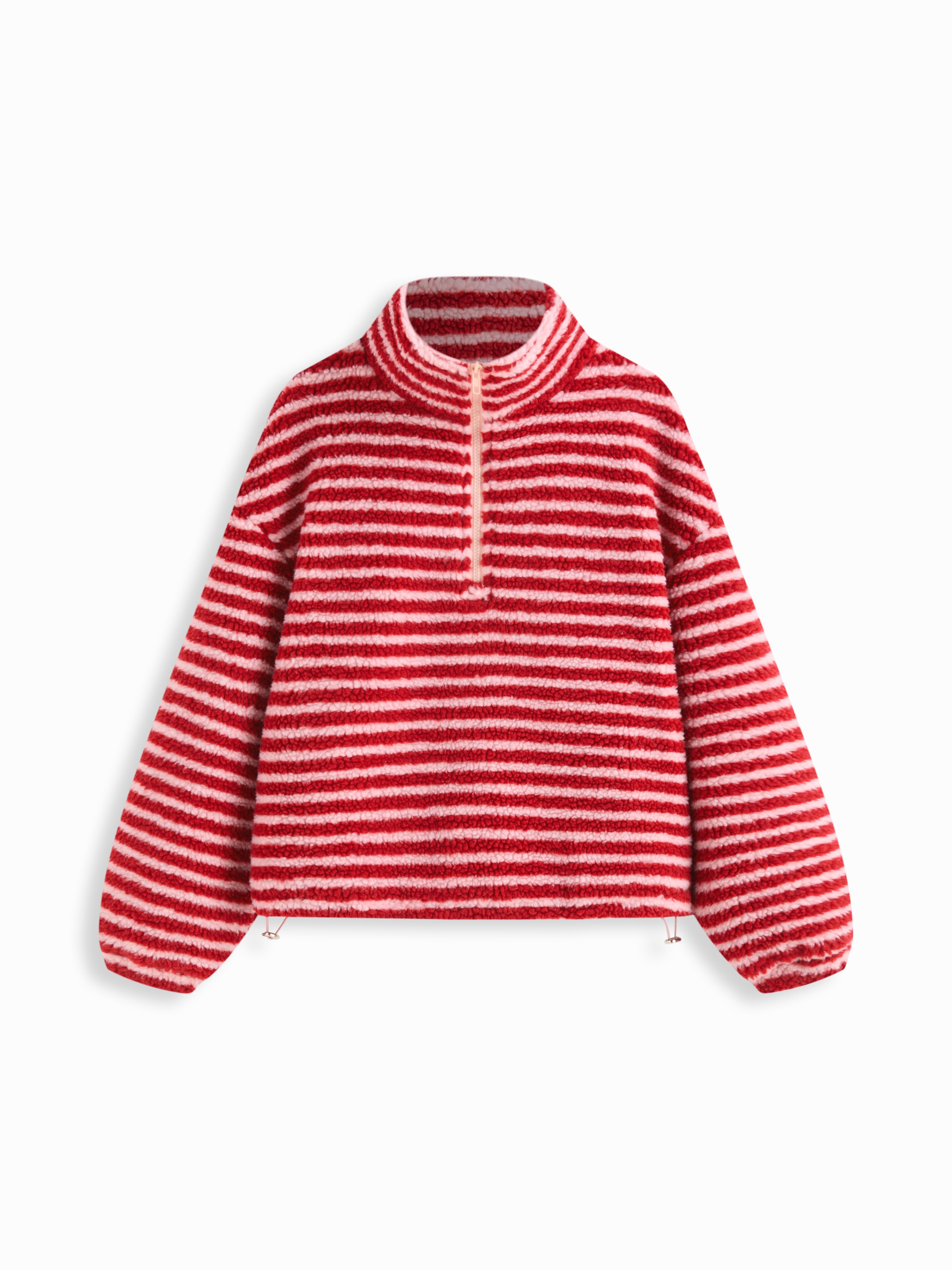Fleece Stripe Stand Collar Drawstring Half Zip Oversized Sweatshirt — Red