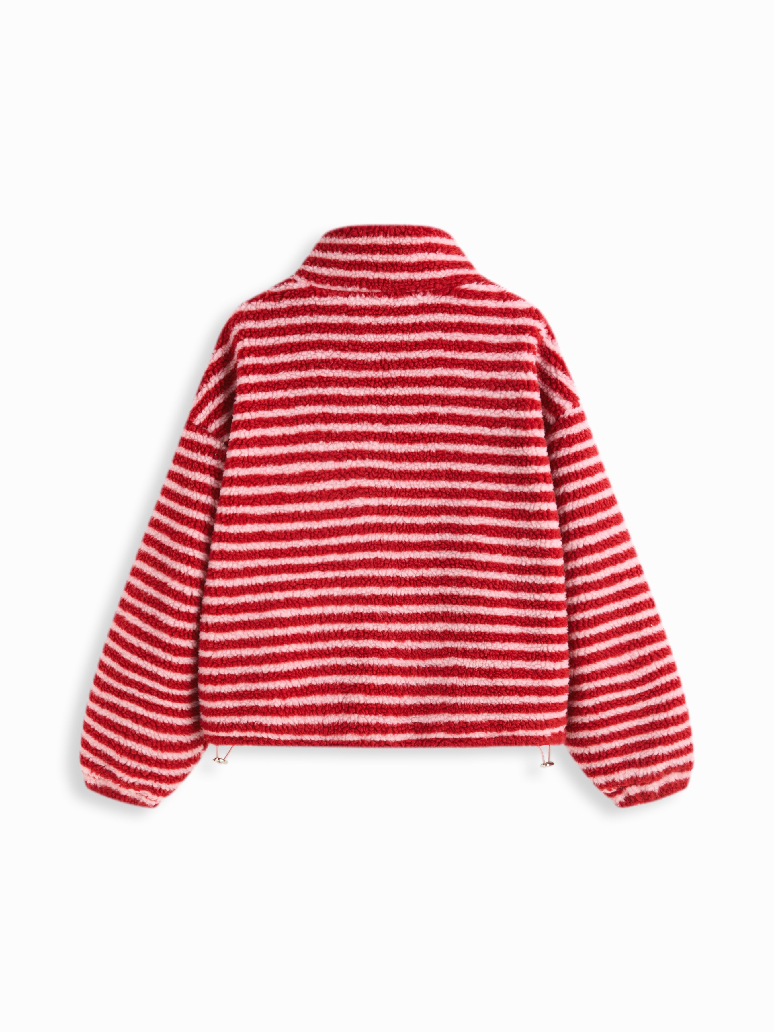 Fleece Stripe Stand Collar Drawstring Half Zip Oversized Sweatshirt — Red
