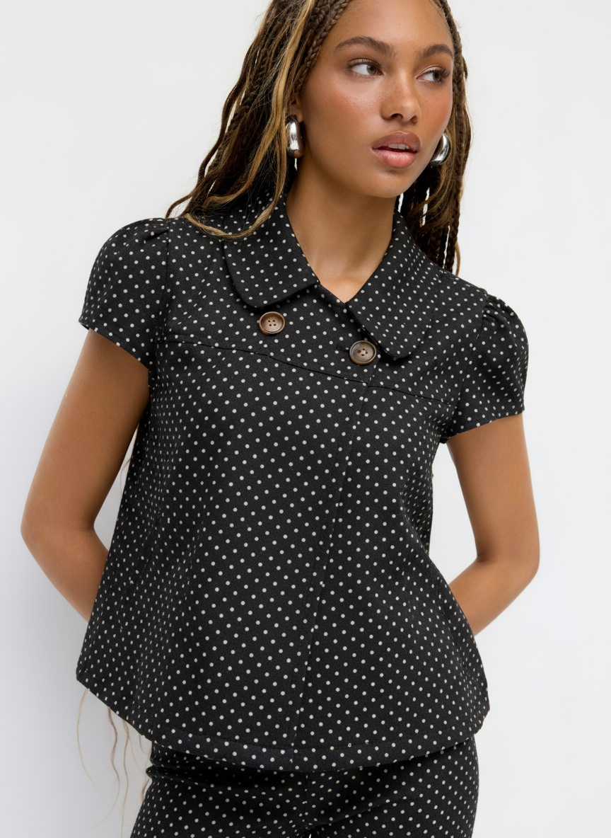 Peter Pan Collar Houndstooth & Polka Dot Button Short Sleeve Blouse — Black