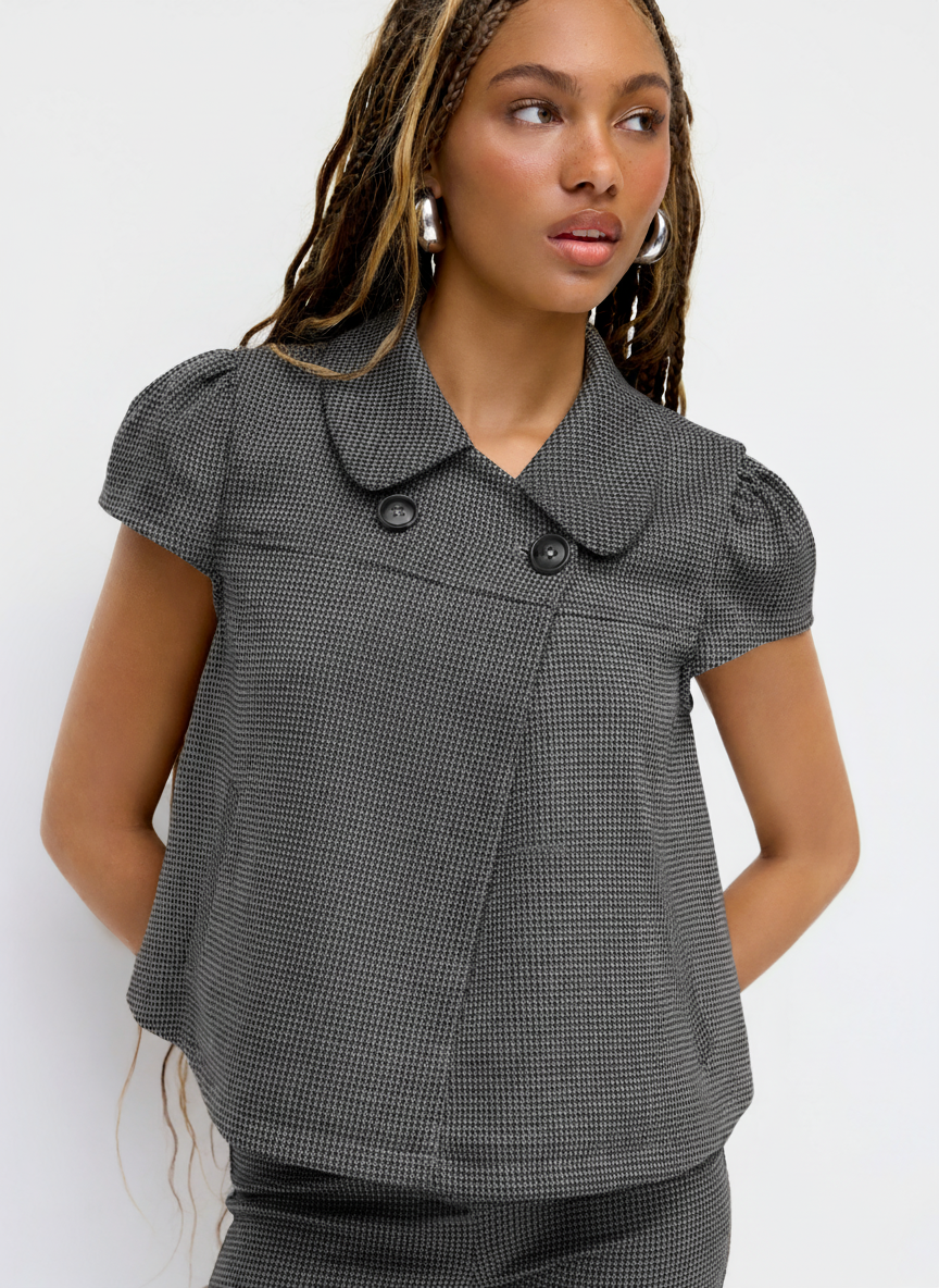 Peter Pan Collar Houndstooth & Polka Dot Button Short Sleeve Blouse — Dark Grey