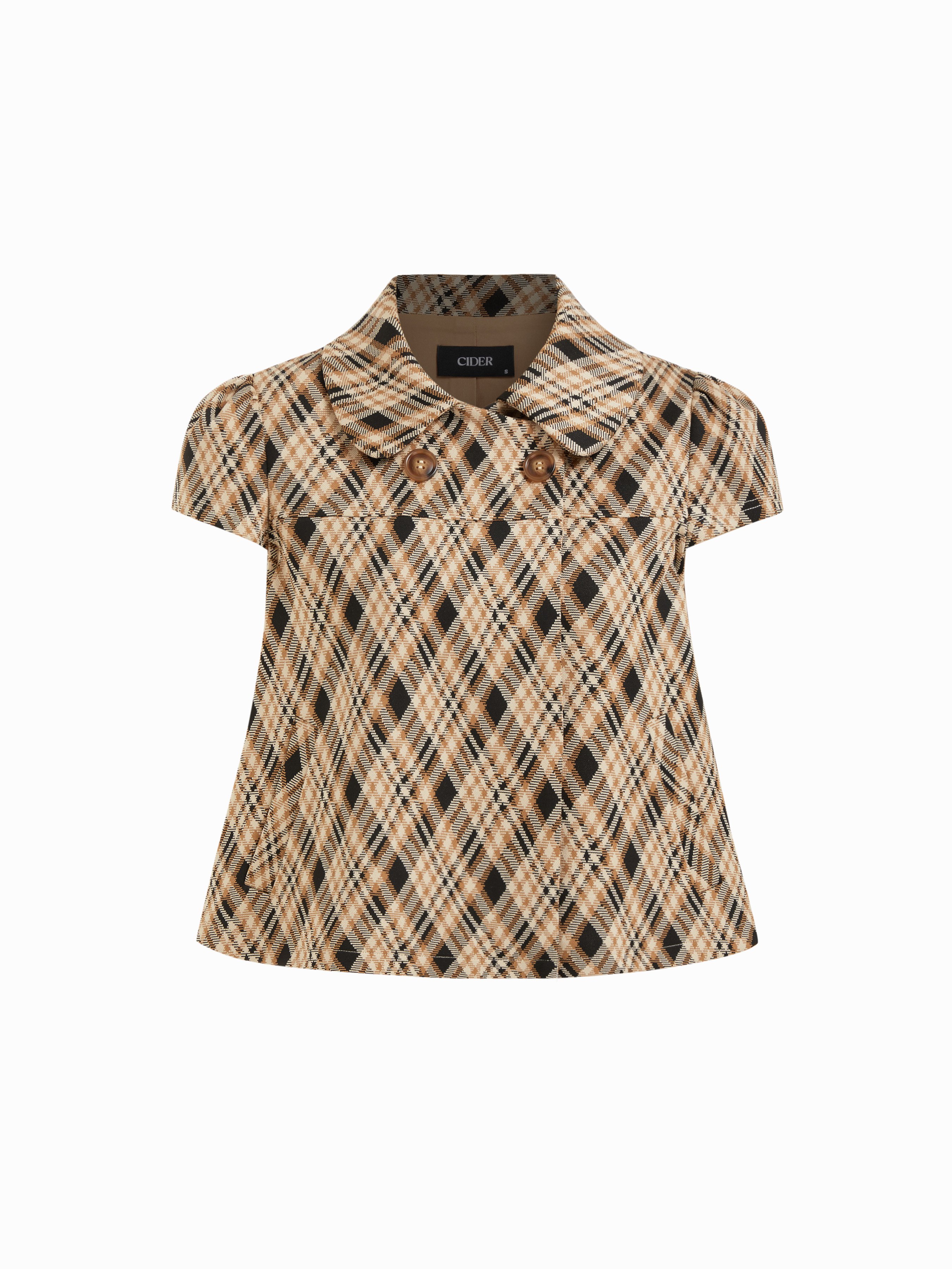 Peter Pan Collar Houndstooth & Polka Dot Button Short Sleeve Blouse — Khaki