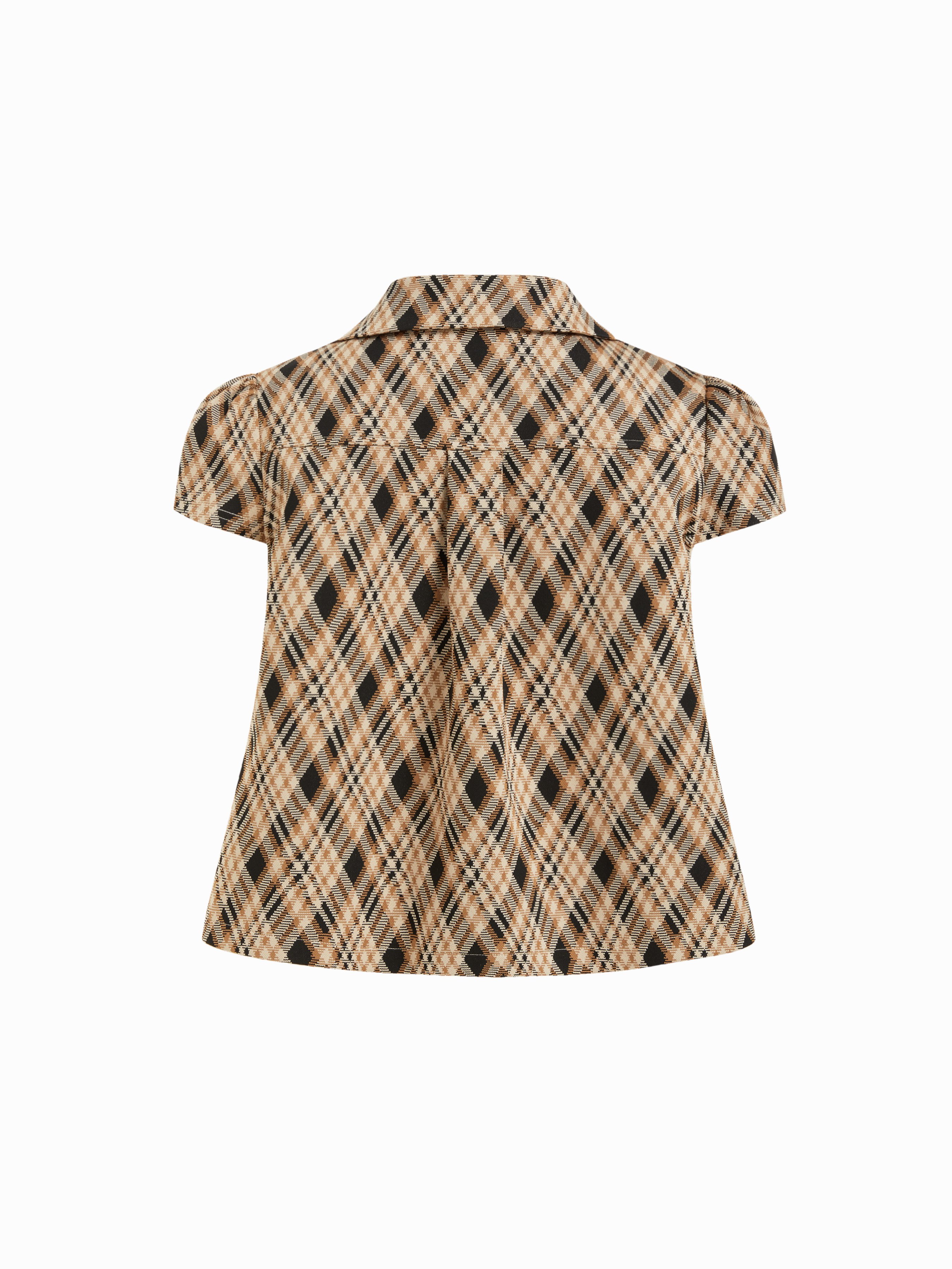 Peter Pan Collar Houndstooth & Polka Dot Button Short Sleeve Blouse — Khaki