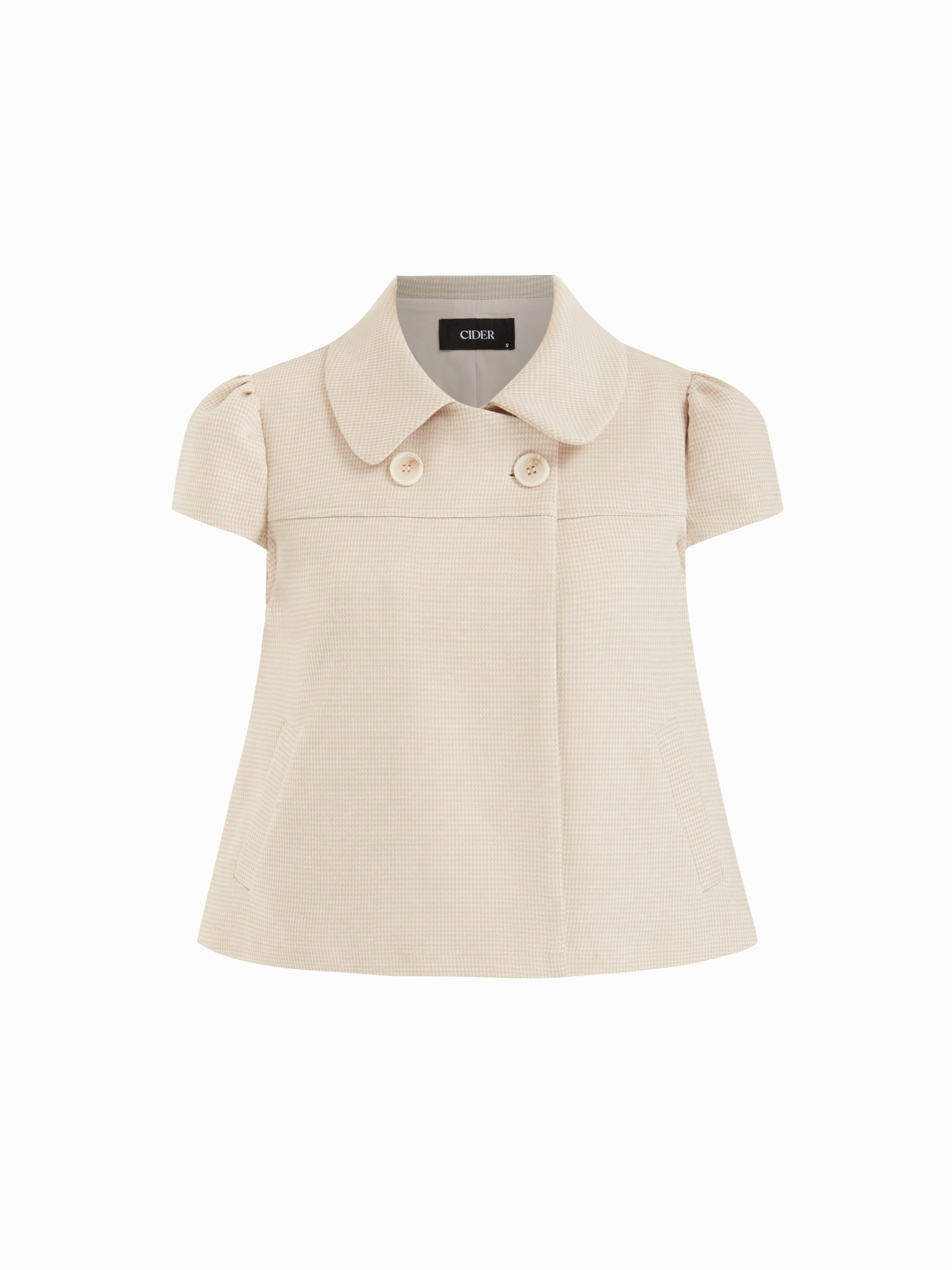 Peter Pan Collar Houndstooth & Polka Dot Button Short Sleeve Blouse — Beige