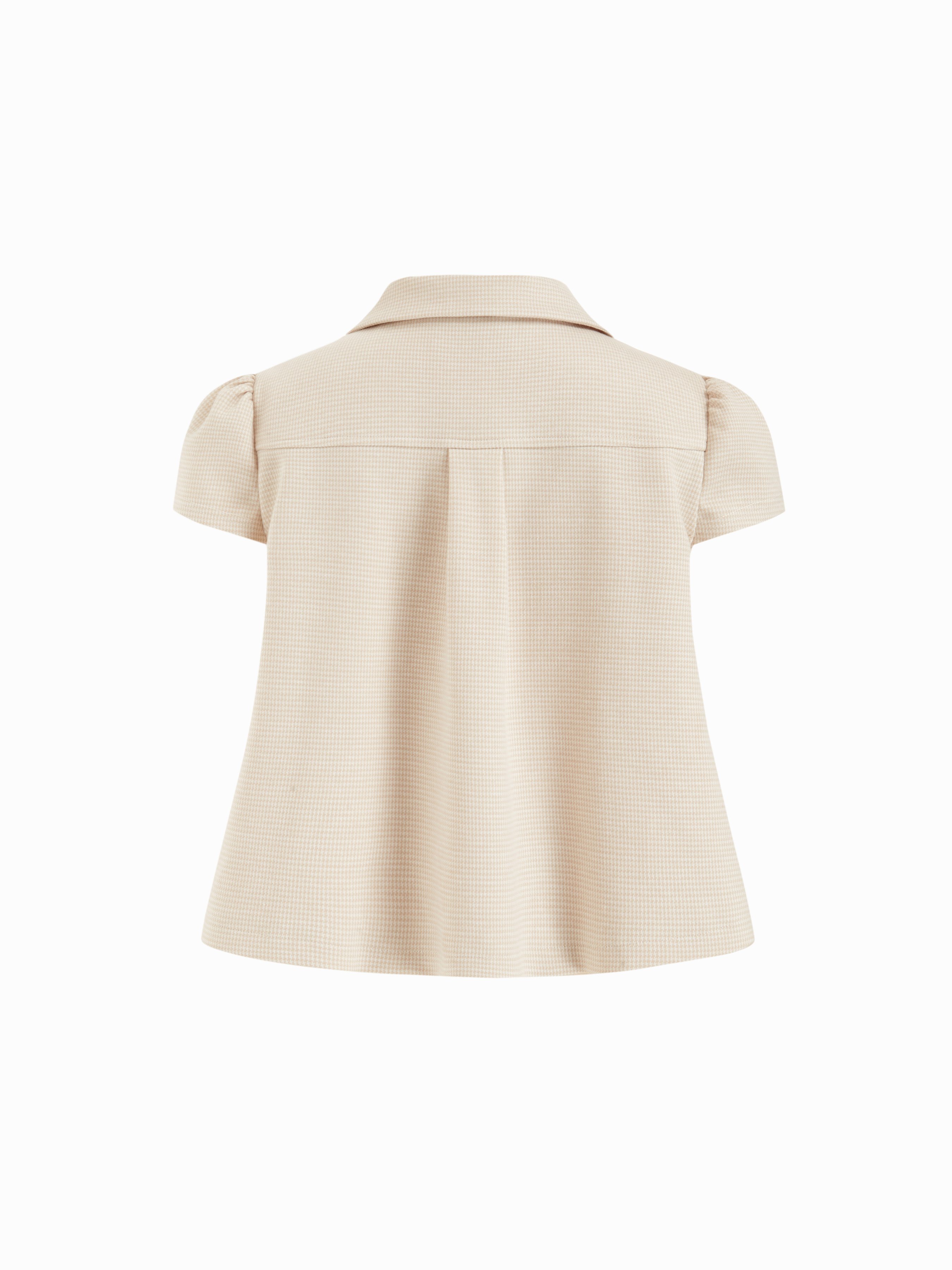 Peter Pan Collar Houndstooth & Polka Dot Button Short Sleeve Blouse — Beige