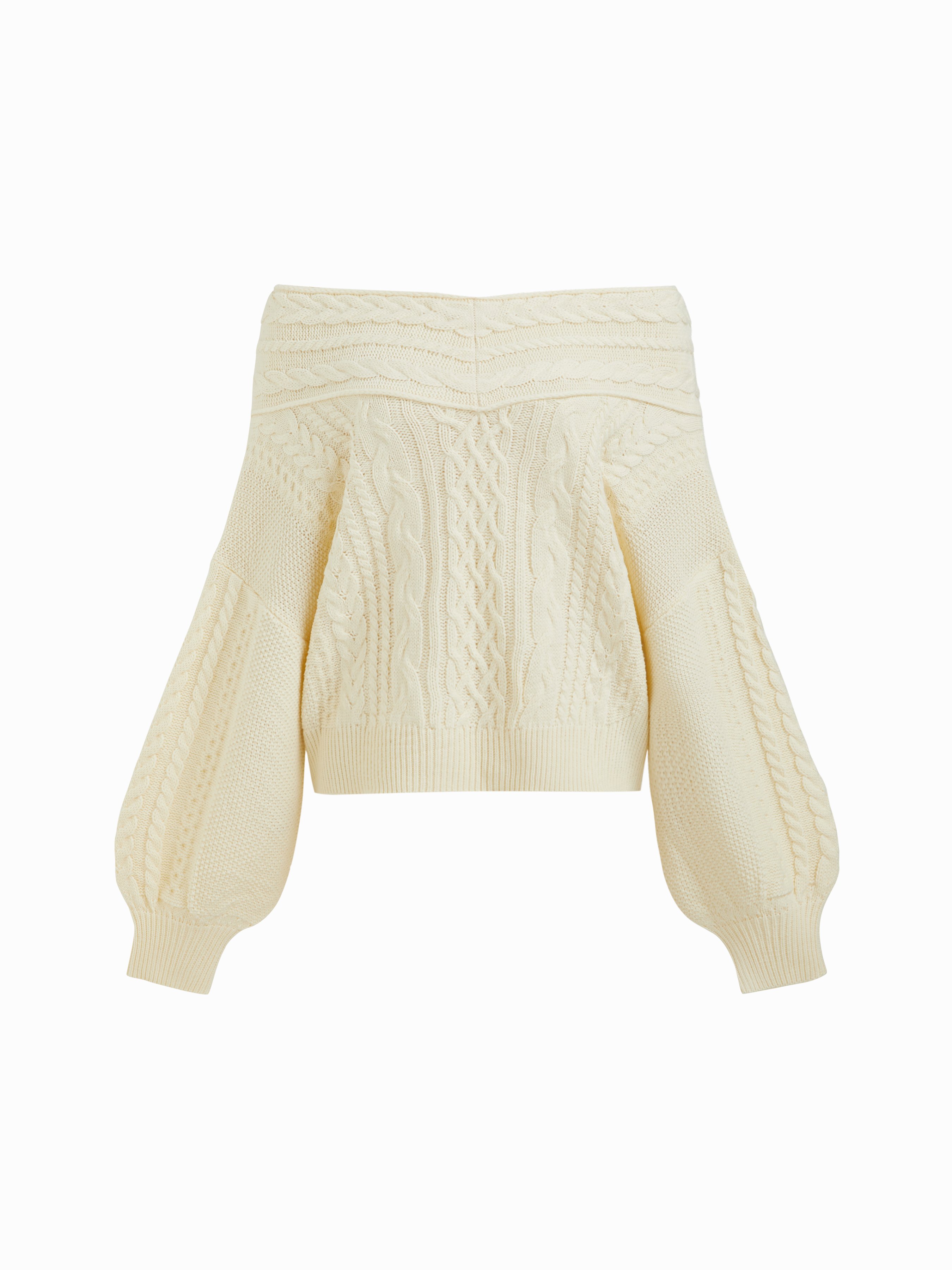 Cable Knit Off-shoulder Lantern Sleeve Oversized Top — White