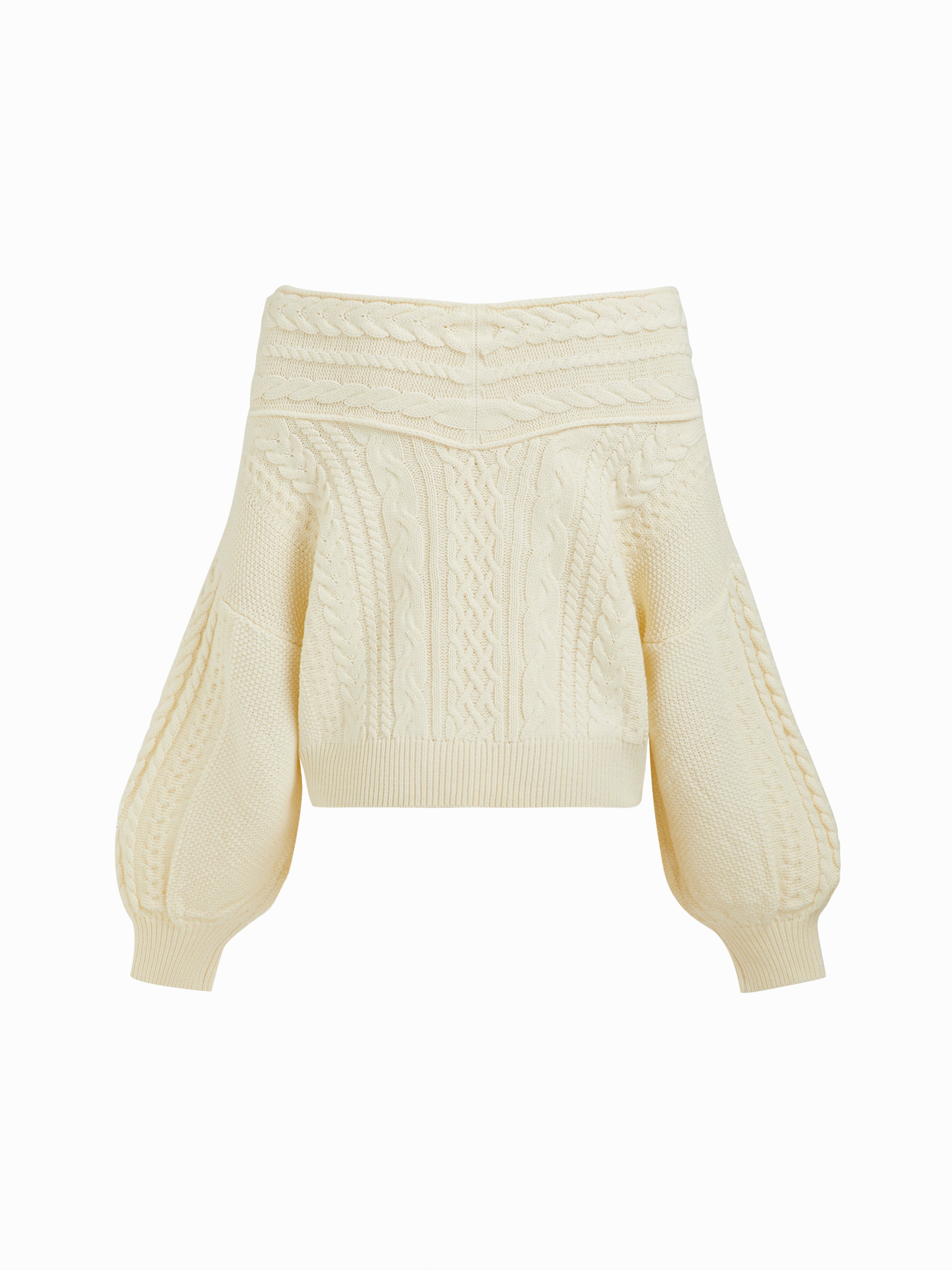 Cable Knit Off-shoulder Lantern Sleeve Oversized Top — White