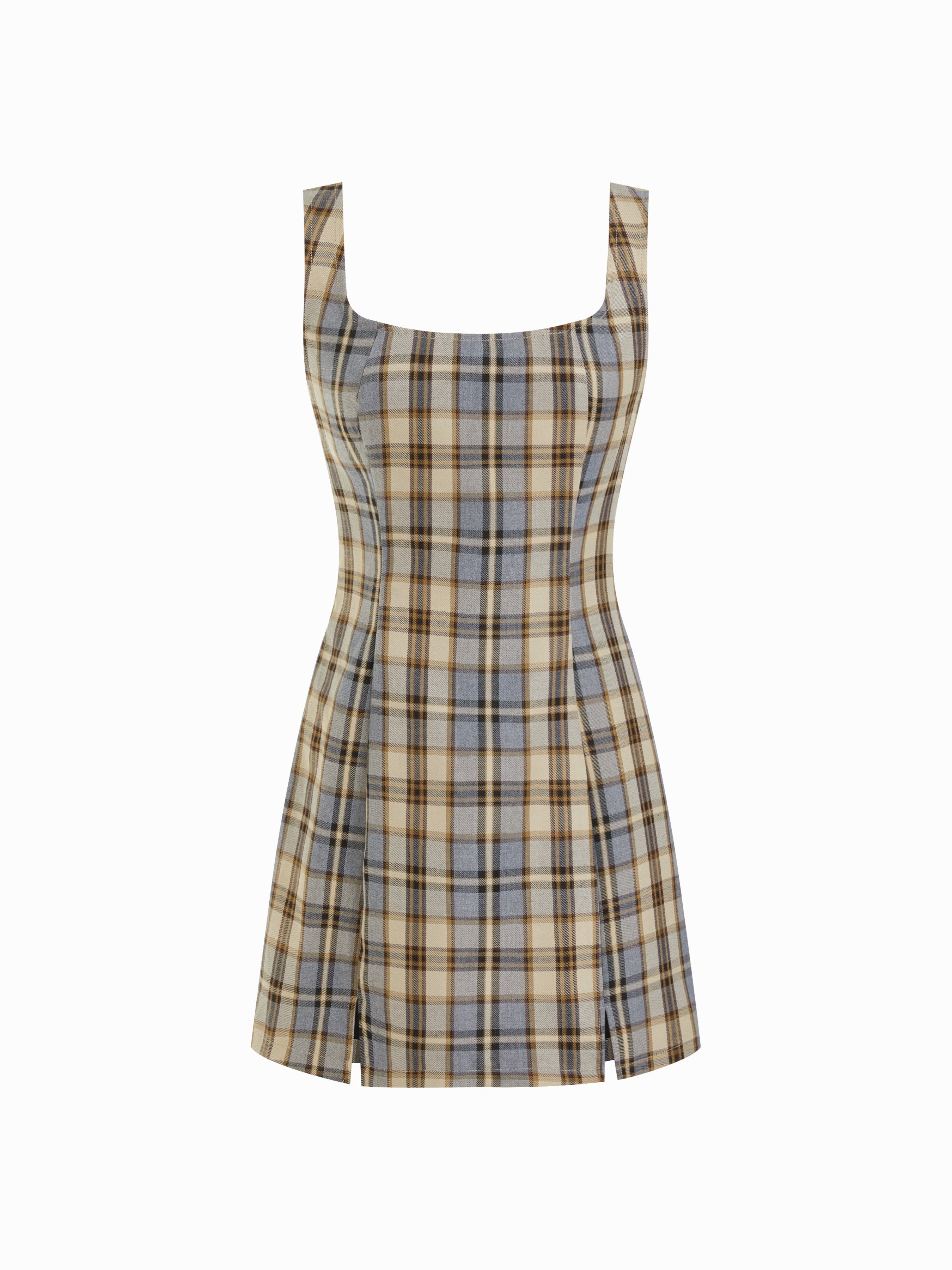 Scoop Neckline Checks Zipper Mini Dress — Grey