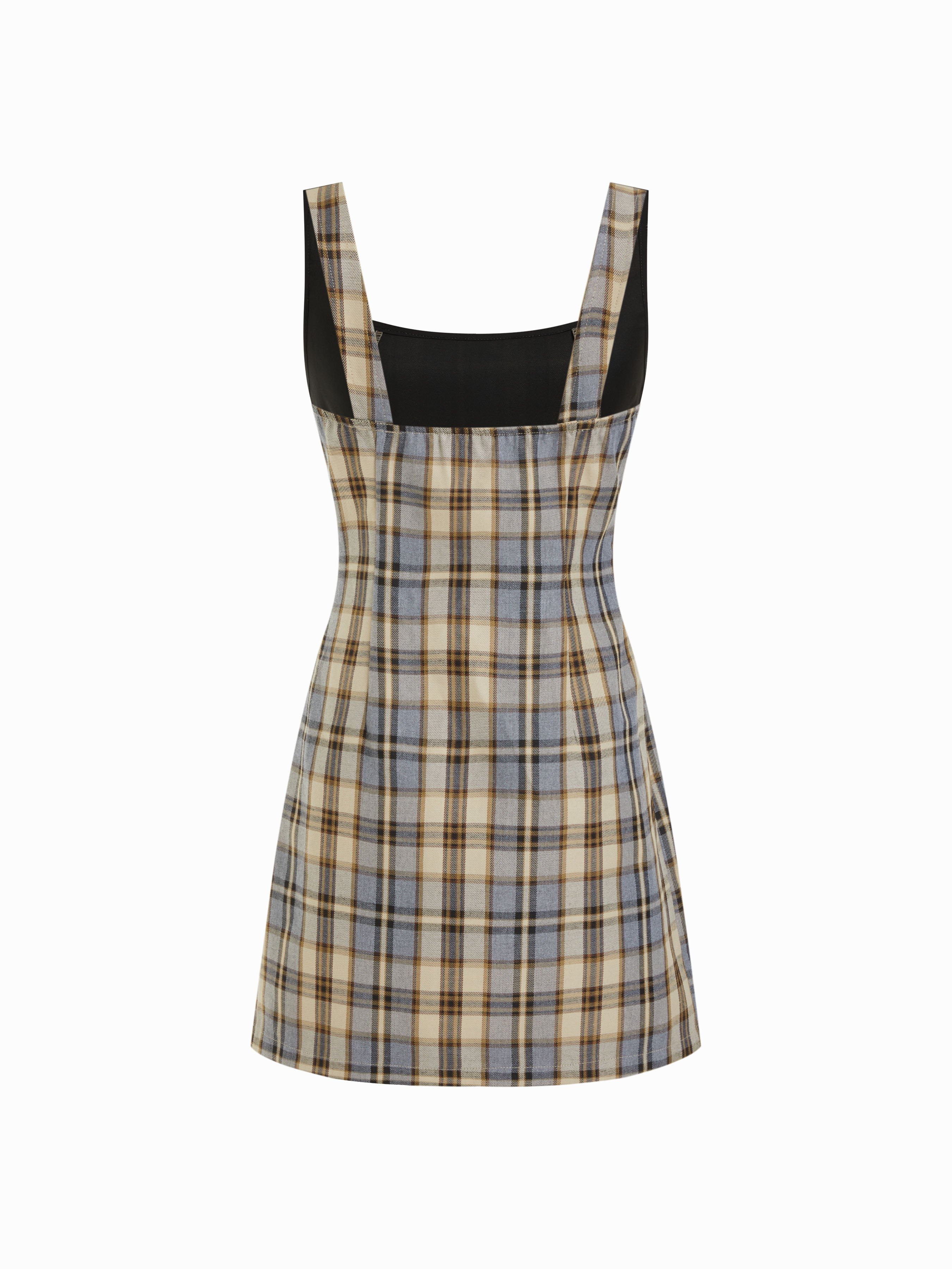 Scoop Neckline Checks Zipper Mini Dress — Grey
