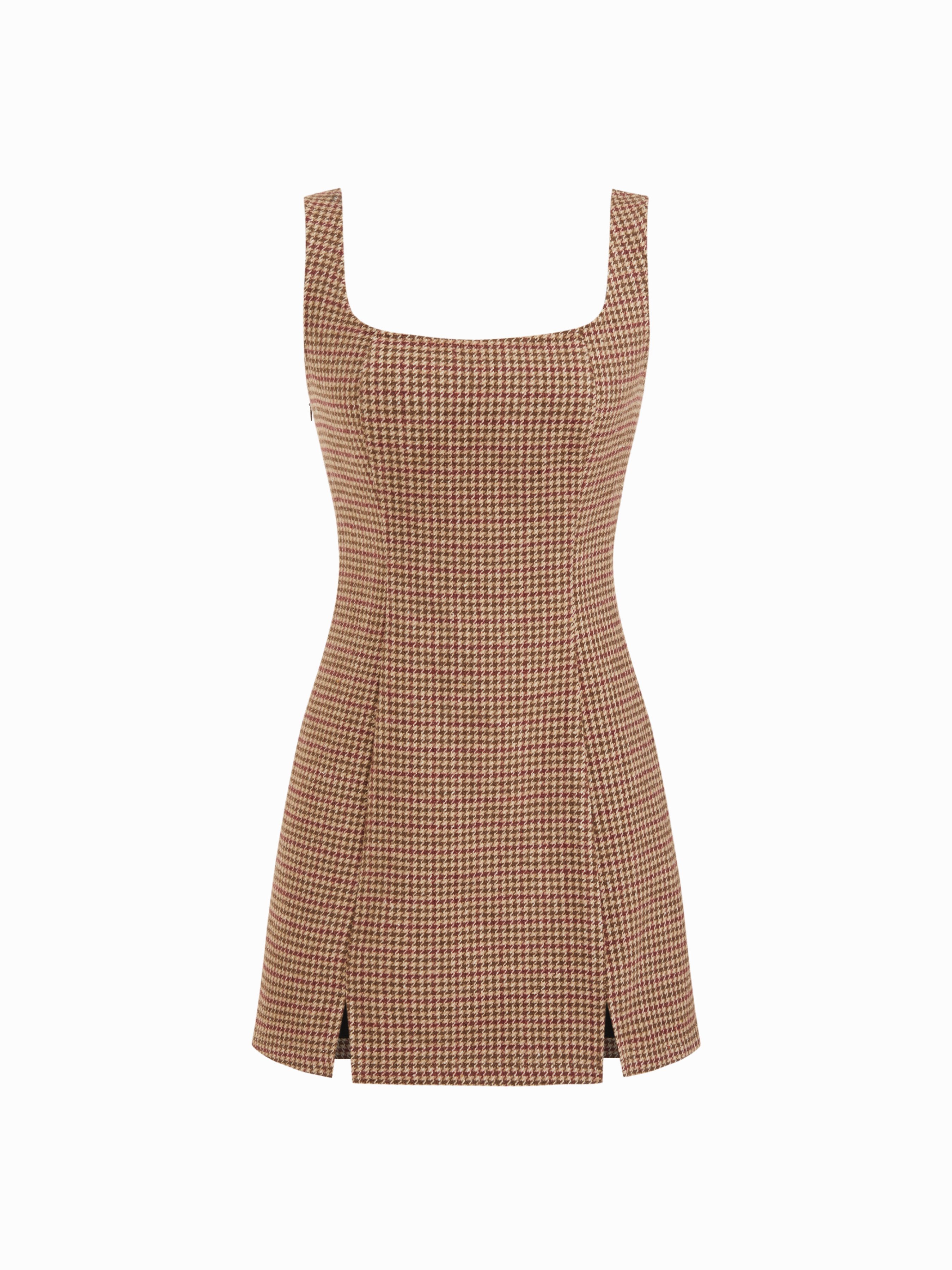 Scoop Neckline Checks Zipper Mini Dress — Khaki