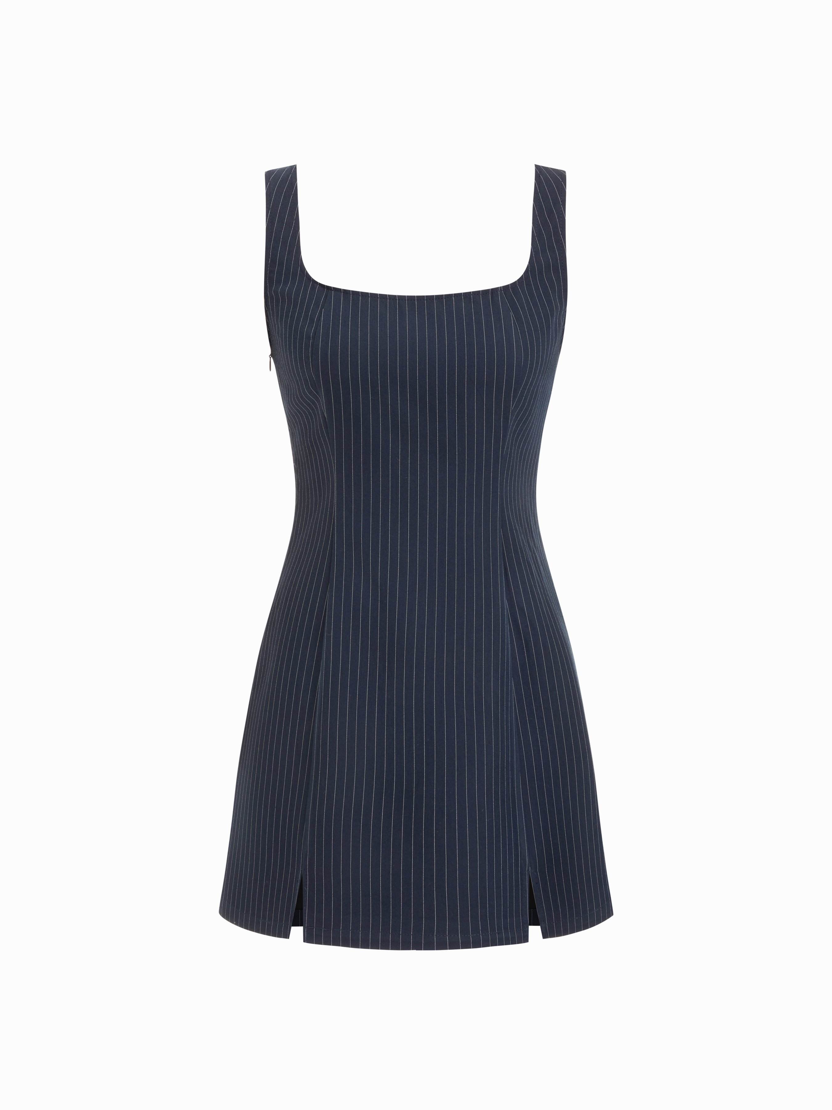 Scoop Neckline Checks Zipper Mini Dress — Navy Blue