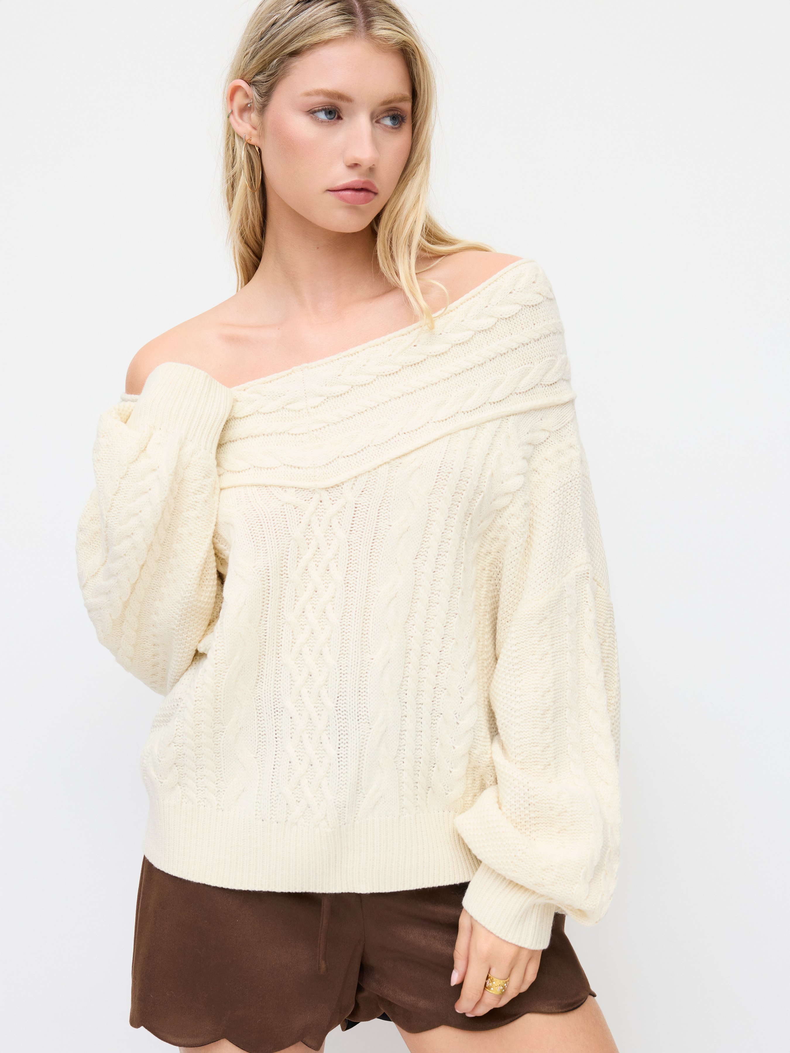 Cable Knit Off-shoulder Lantern Sleeve Oversized Top — White