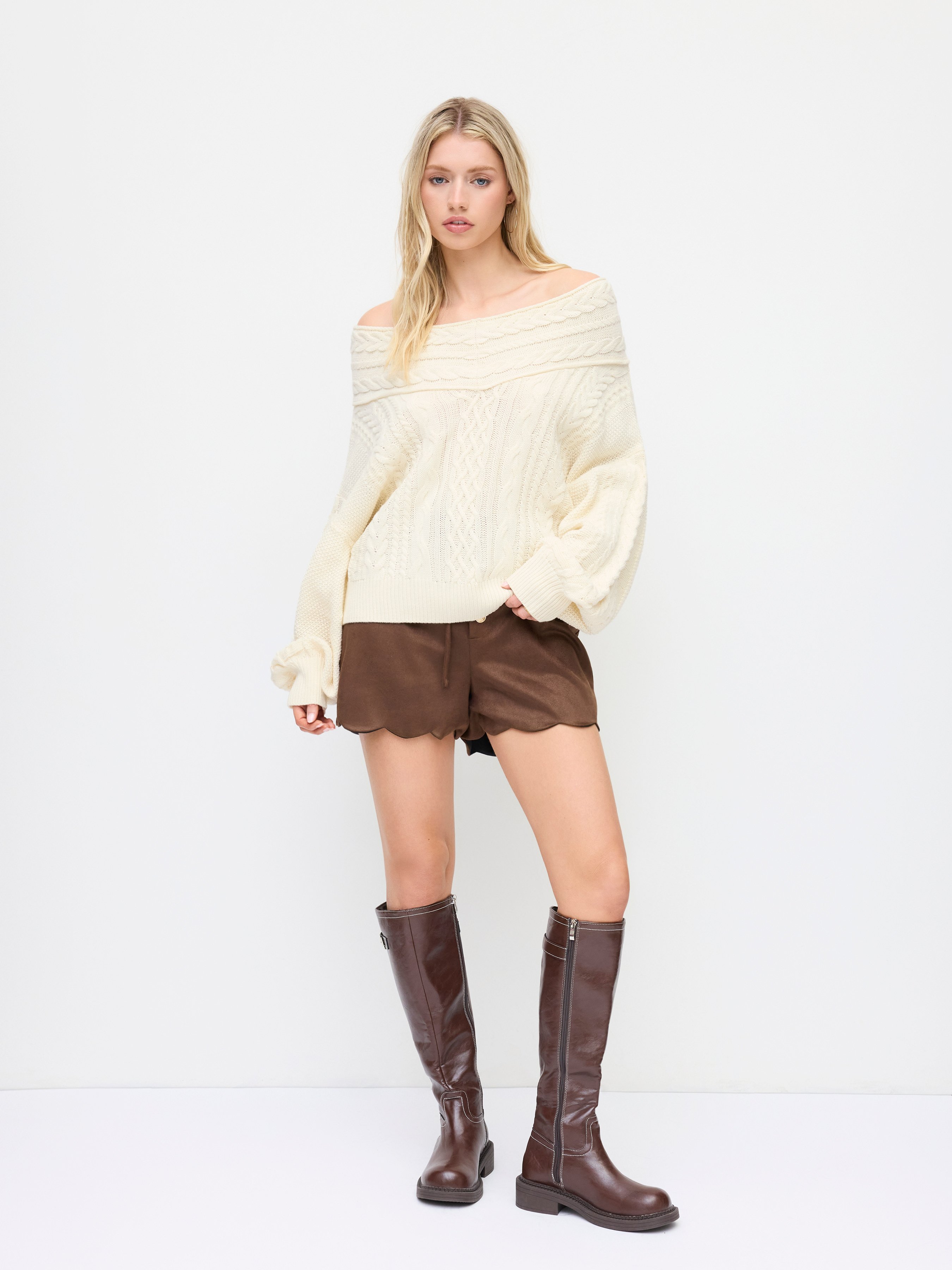 Cable Knit Off-shoulder Lantern Sleeve Oversized Top — White