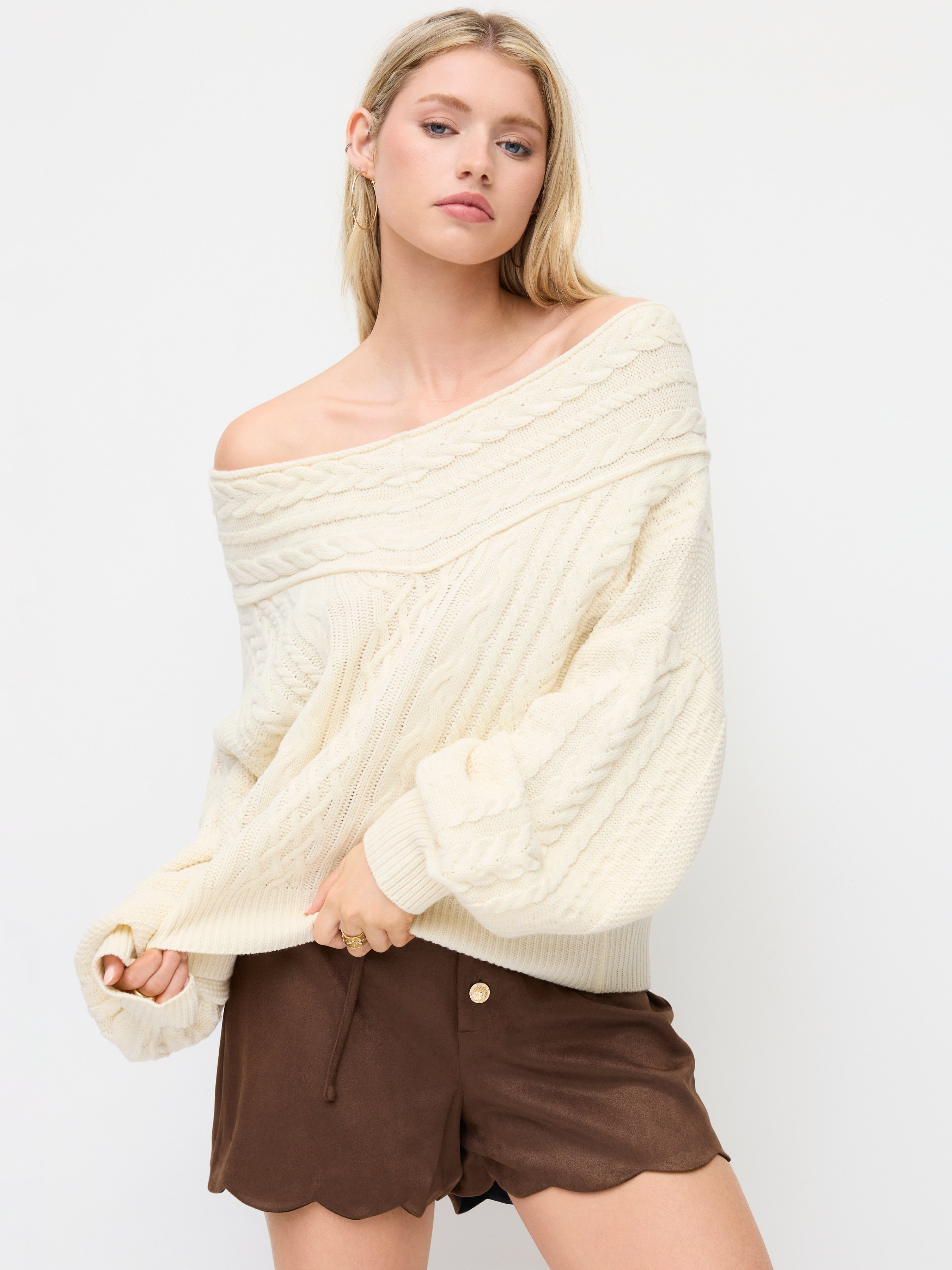 Cable Knit Off-shoulder Lantern Sleeve Oversized Top — White