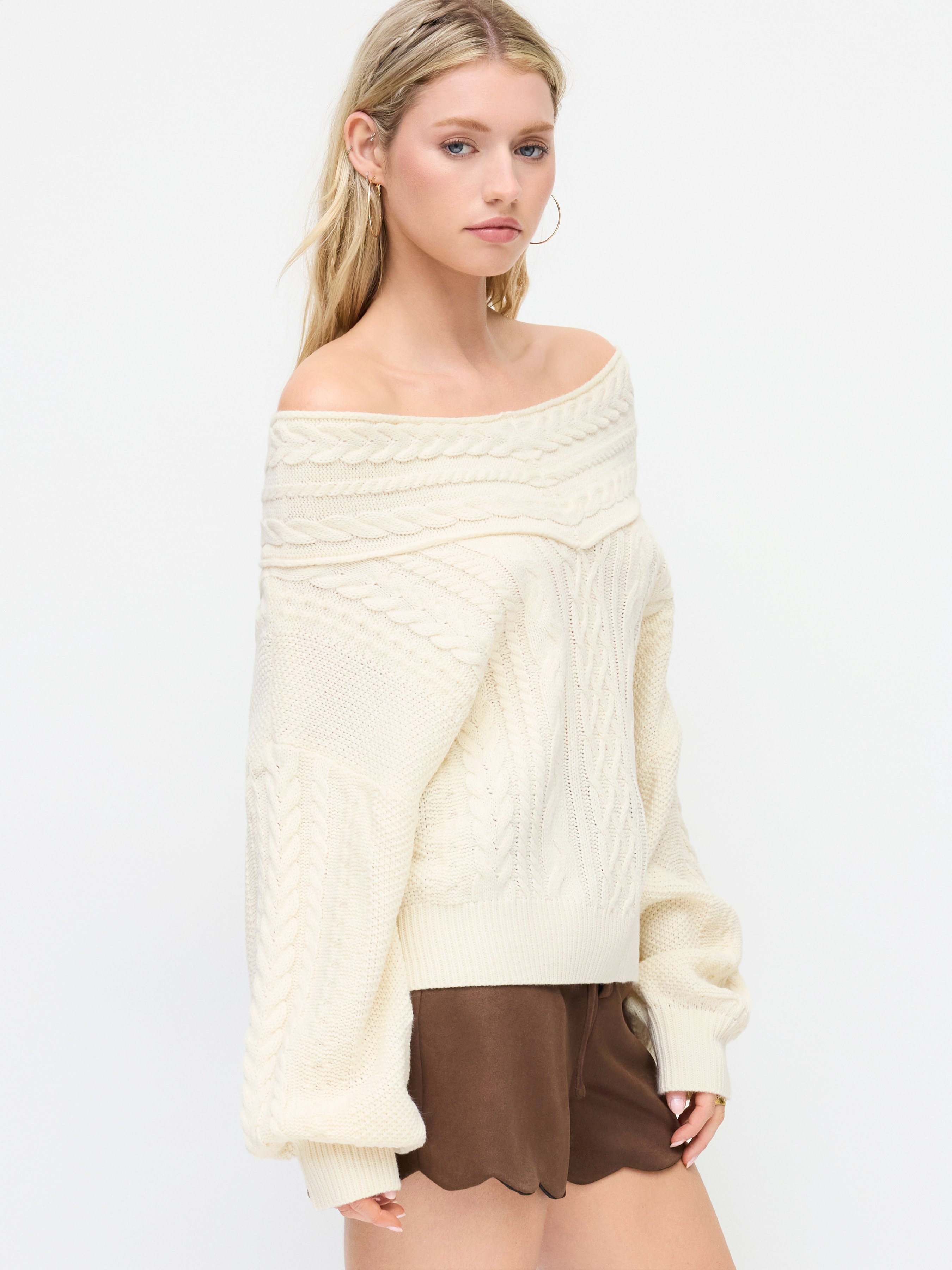 Cable Knit Off-shoulder Lantern Sleeve Oversized Top — White