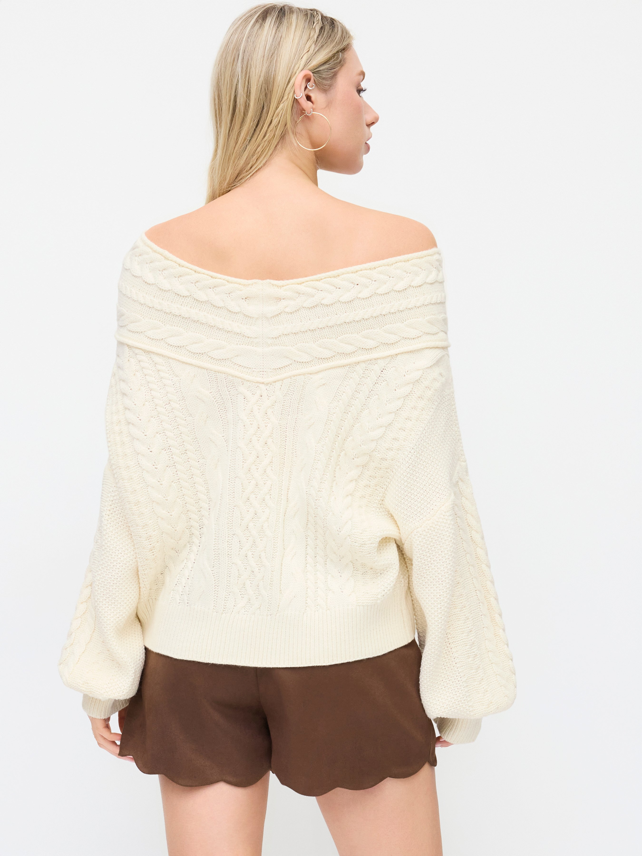 Cable Knit Off-shoulder Lantern Sleeve Oversized Top — White