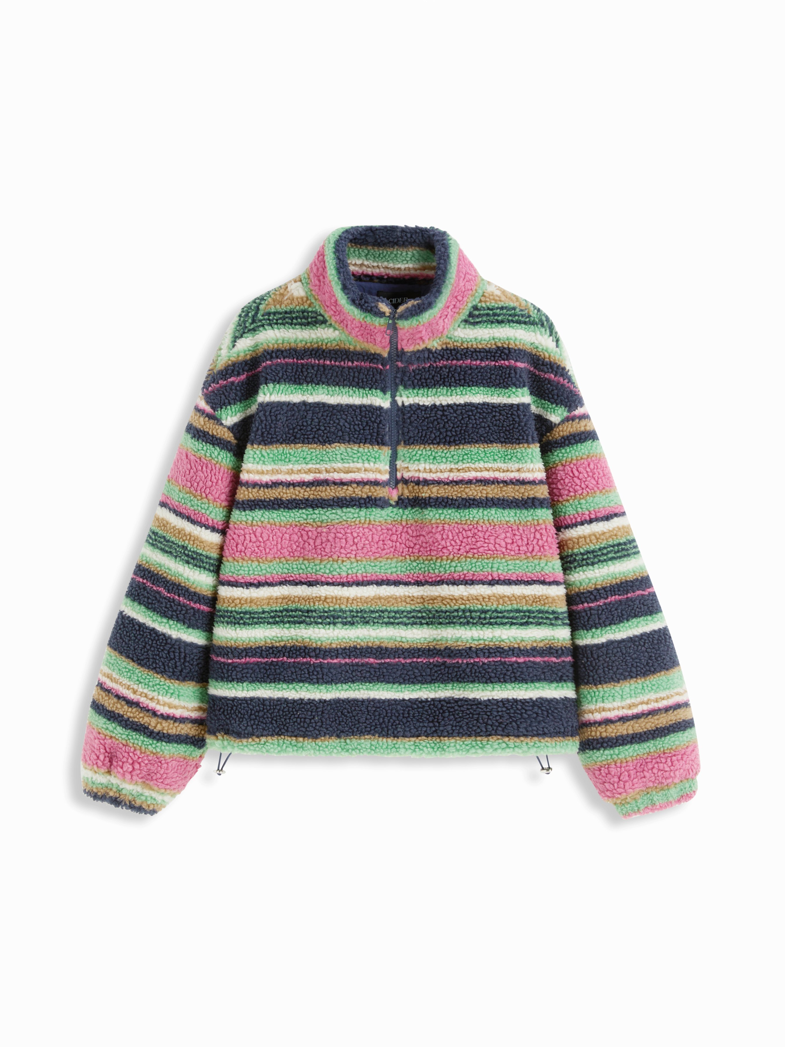 Fleece Stripe Stand Collar Drawstring Half Zip Oversized Sweatshirt — Blue