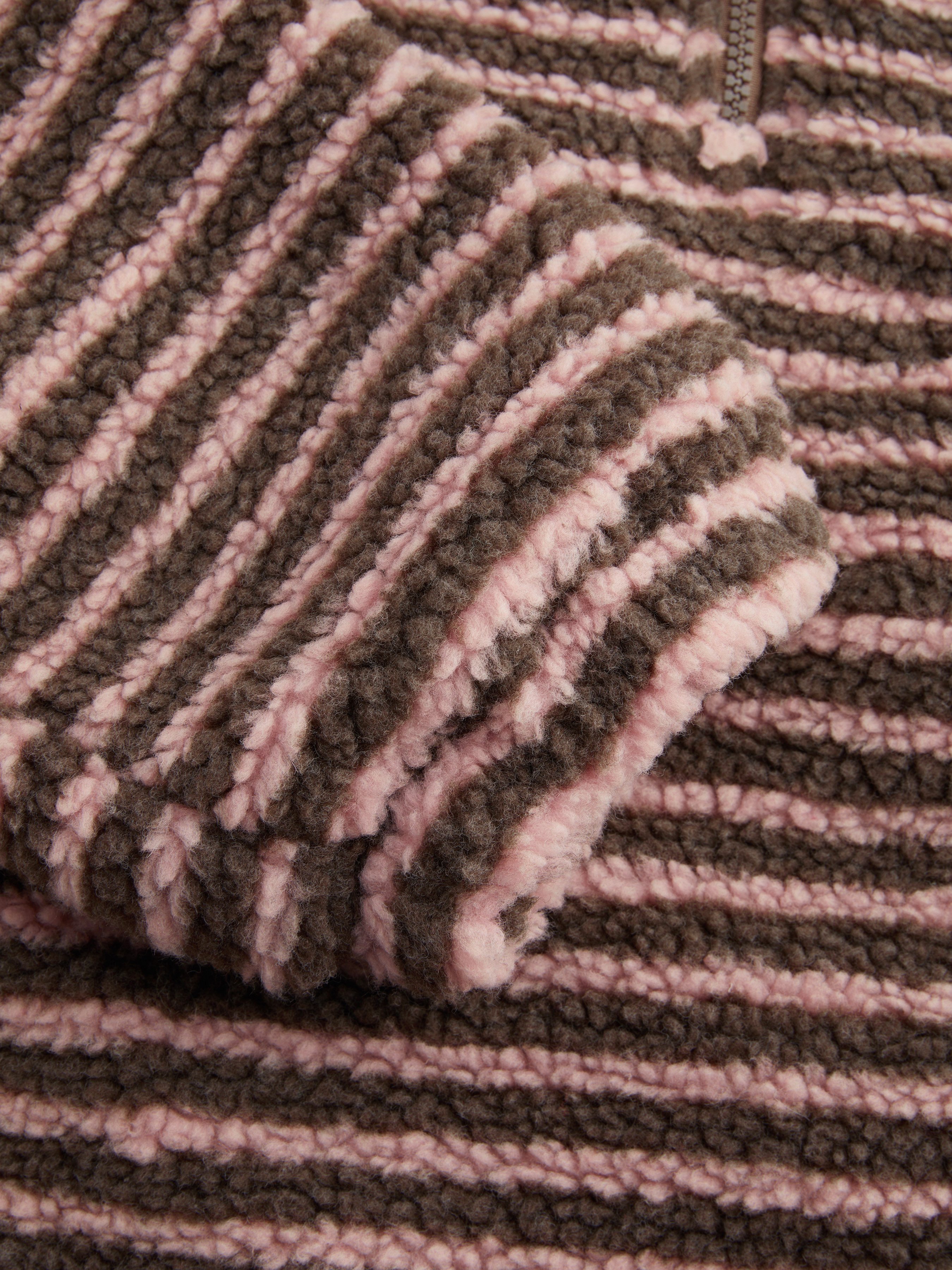 Fleece Stripe Stand Collar Drawstring Half Zip Oversized Sweatshirt — Brown
