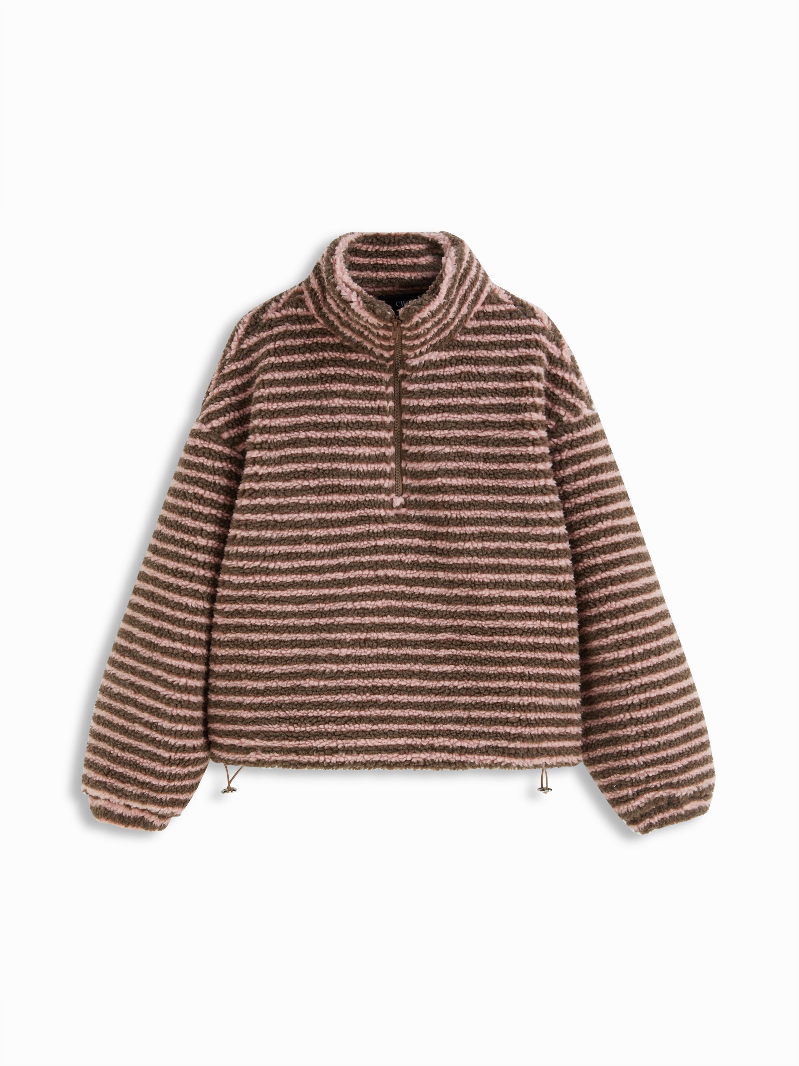 Fleece Stripe Stand Collar Drawstring Half Zip Oversized Sweatshirt — Brown