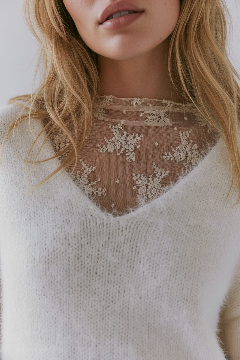 Lace High Neck Lace Long Sleeve Top — White