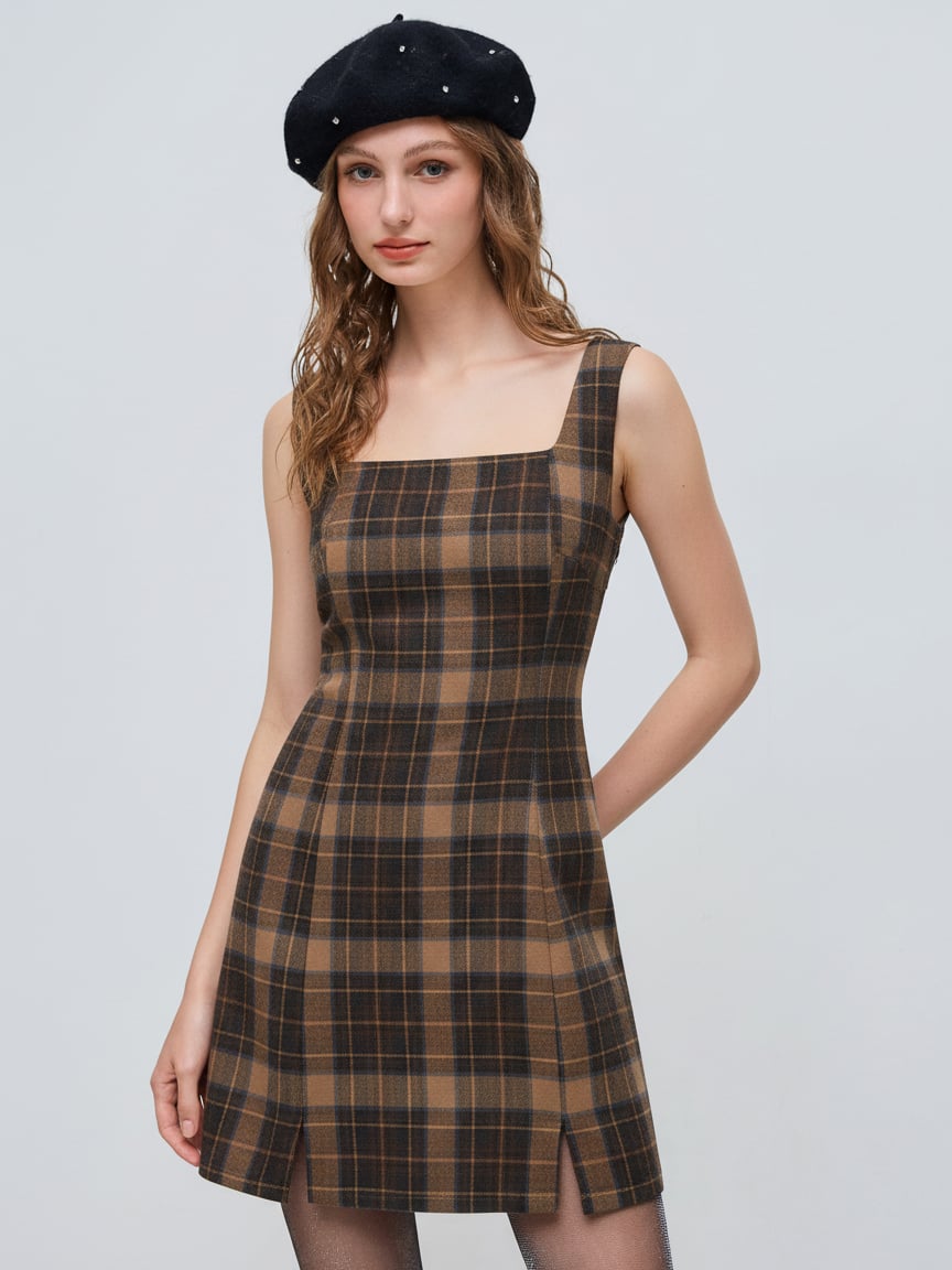 Scoop Neckline Checks Zipper Mini Dress — Brown